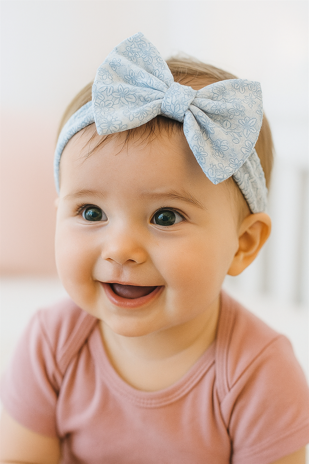 A smiling baby girl wearing a large light blue floral-patterned bow headband, paired with a pink short-sleeve onesie. She is looking slightly to the side with a joyful expression, set in a softly lit indoor background.