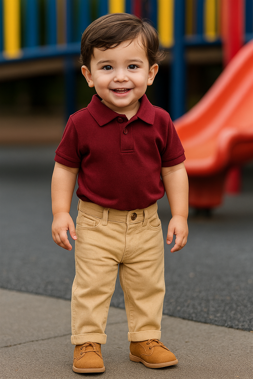 A happy toddler boy standing in a playground, wearing a maroon polo shirt tucked into beige corduroy pants with rolled cuffs. He completes the outfit with tan lace-up shoes. The child is smiling brightly with neatly combed hair, and colorful playground equipment including a red slide is visible in the blurred background.