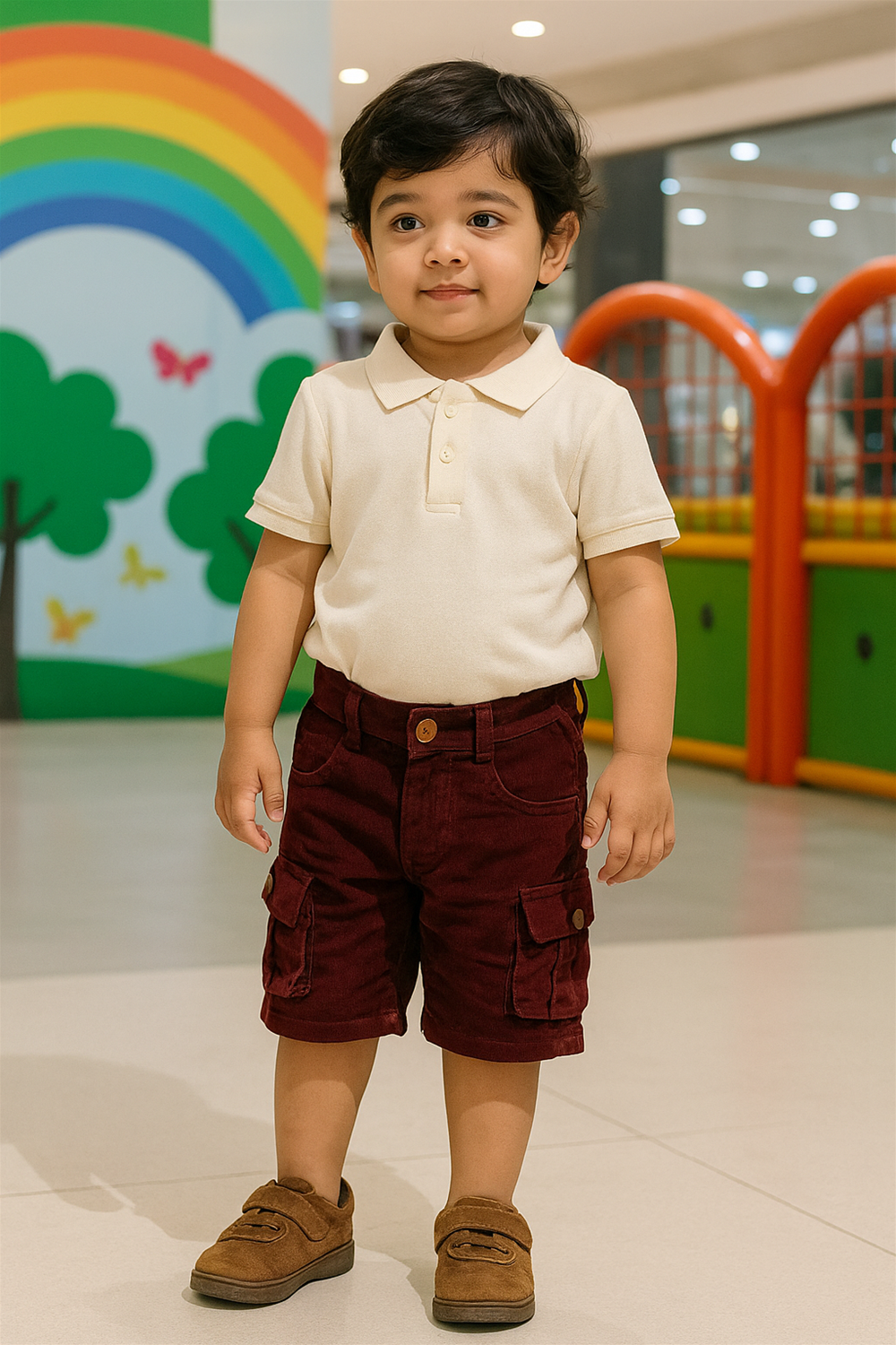 Bright Maroon Corduroy with box side pockets and buttons., Ideal for casual wear.