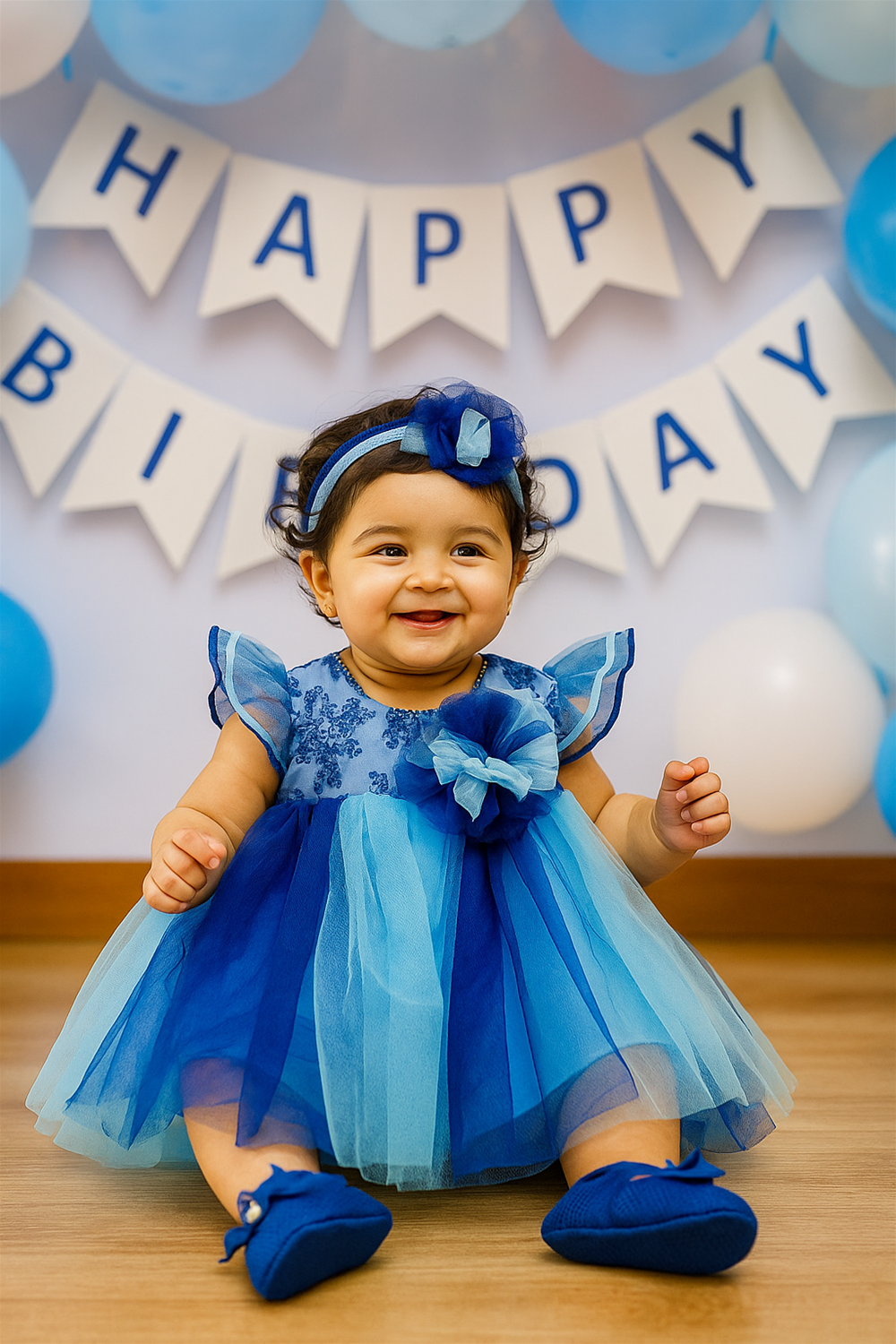 A baby girl wearing a pink dress with a multi-color net skirt and an alter neck, featuring shades of Light blue and Peacock blue