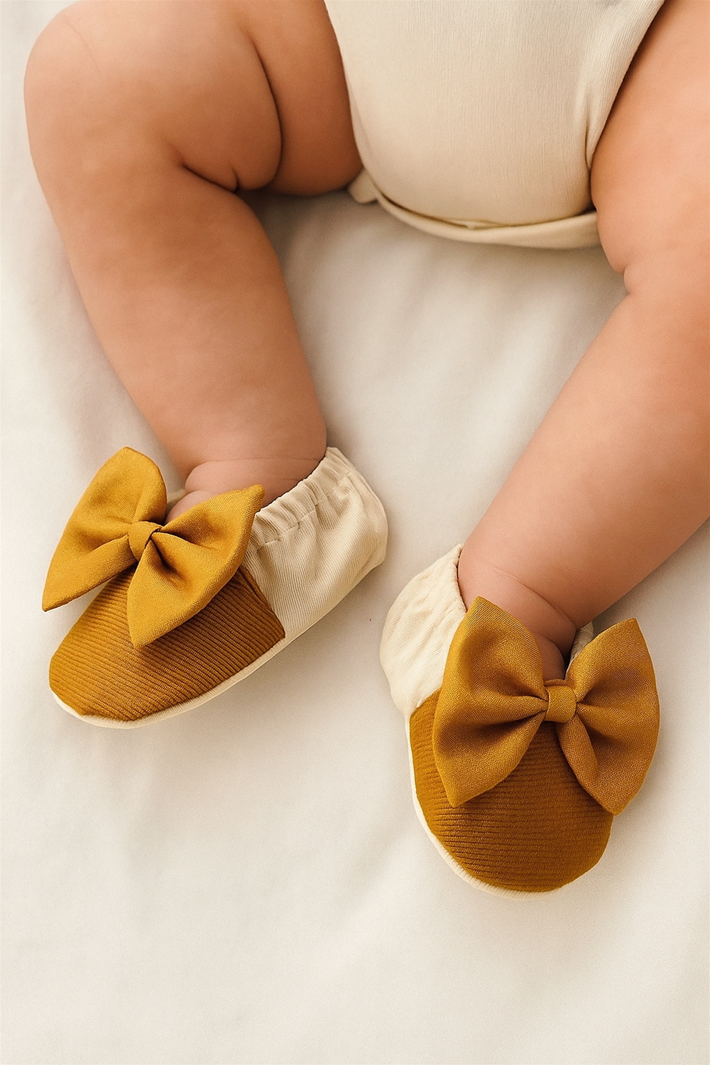 A baby wearing the same off-white and golden bow booties, with the shoes snugly fitted on the feet, photographed from above on a soft white surface.