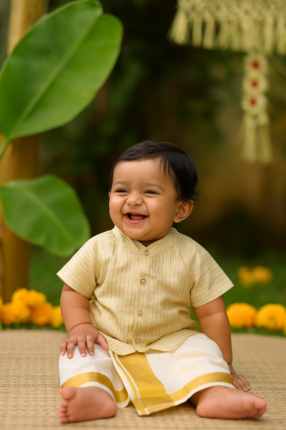 Smiling baby boy in yellow striped kurta and white dhoti with golden border, sitting outdoors on mat surrounded by marigold flowers.
