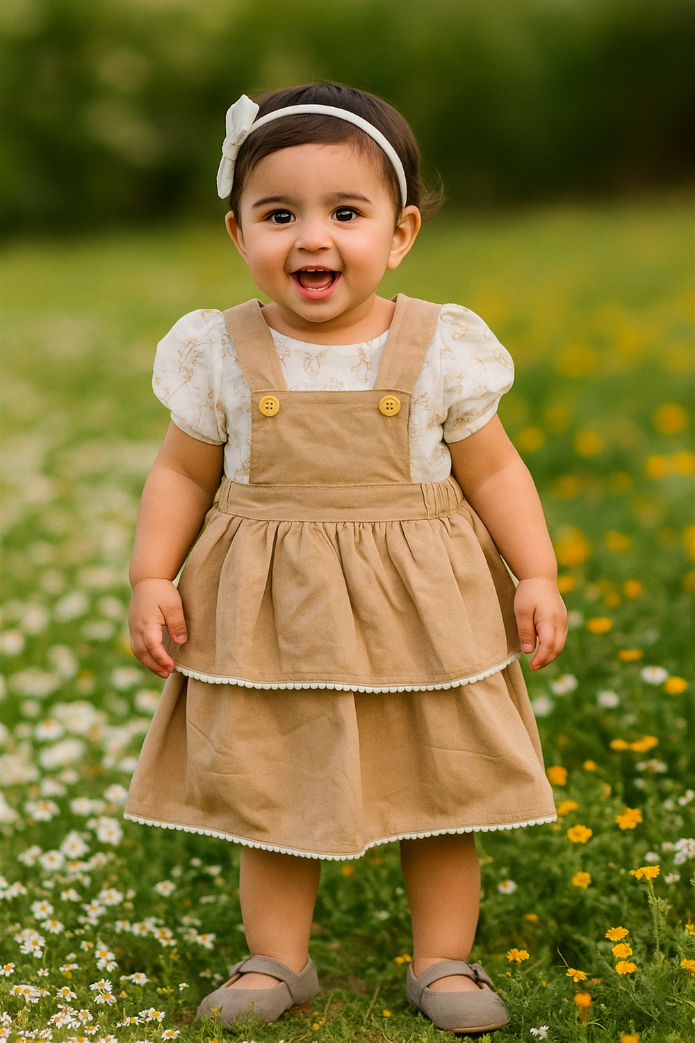 A baby girl in a beige dress stands in a vibrant field of flowers, surrounded by colorful blooms and greenery.