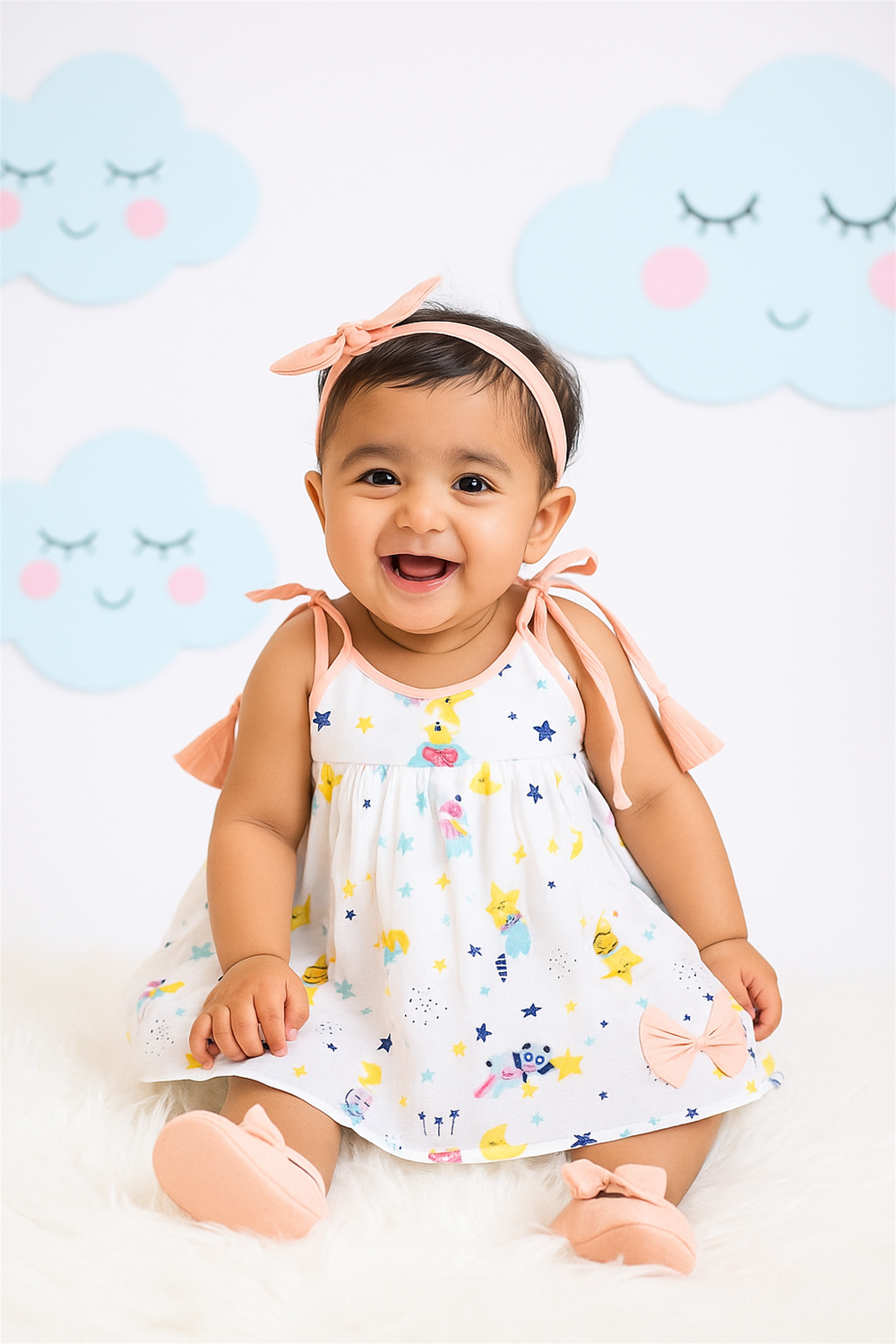 Smiling baby girl in a white dress with colorful star and moon prints, seated on a soft white fur rug. She wears a matching peach bow headband and shoes, with a playful cloud-themed background.
