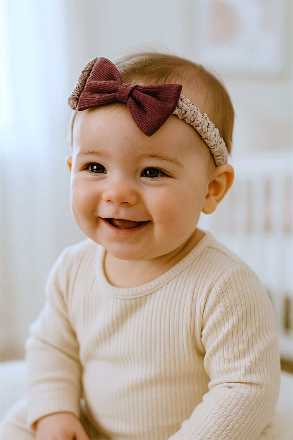 Smiling baby wearing beige ribbed outfit with matching floral elastic headband and burgundy corduroy bow, sitting in softly lit nursery.