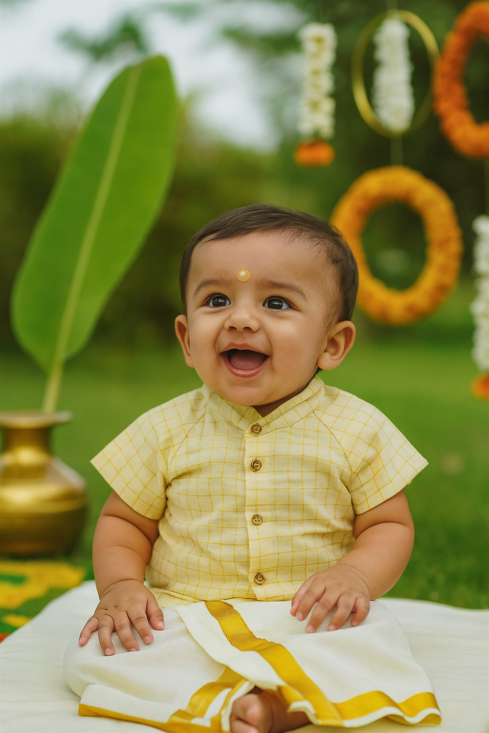 Joyful baby boy in yellow checked shirt and dhoti, outdoors with festive marigold garlands and brass pot decor.