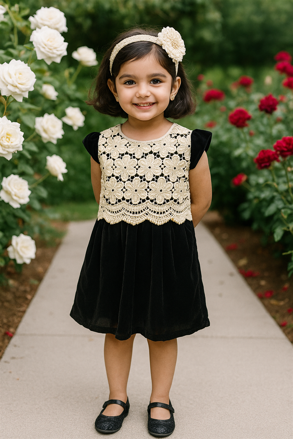 A baby girl wearing a off white cut work with black velvet, smiling and standing in a Ivory Calla Lilly garden.