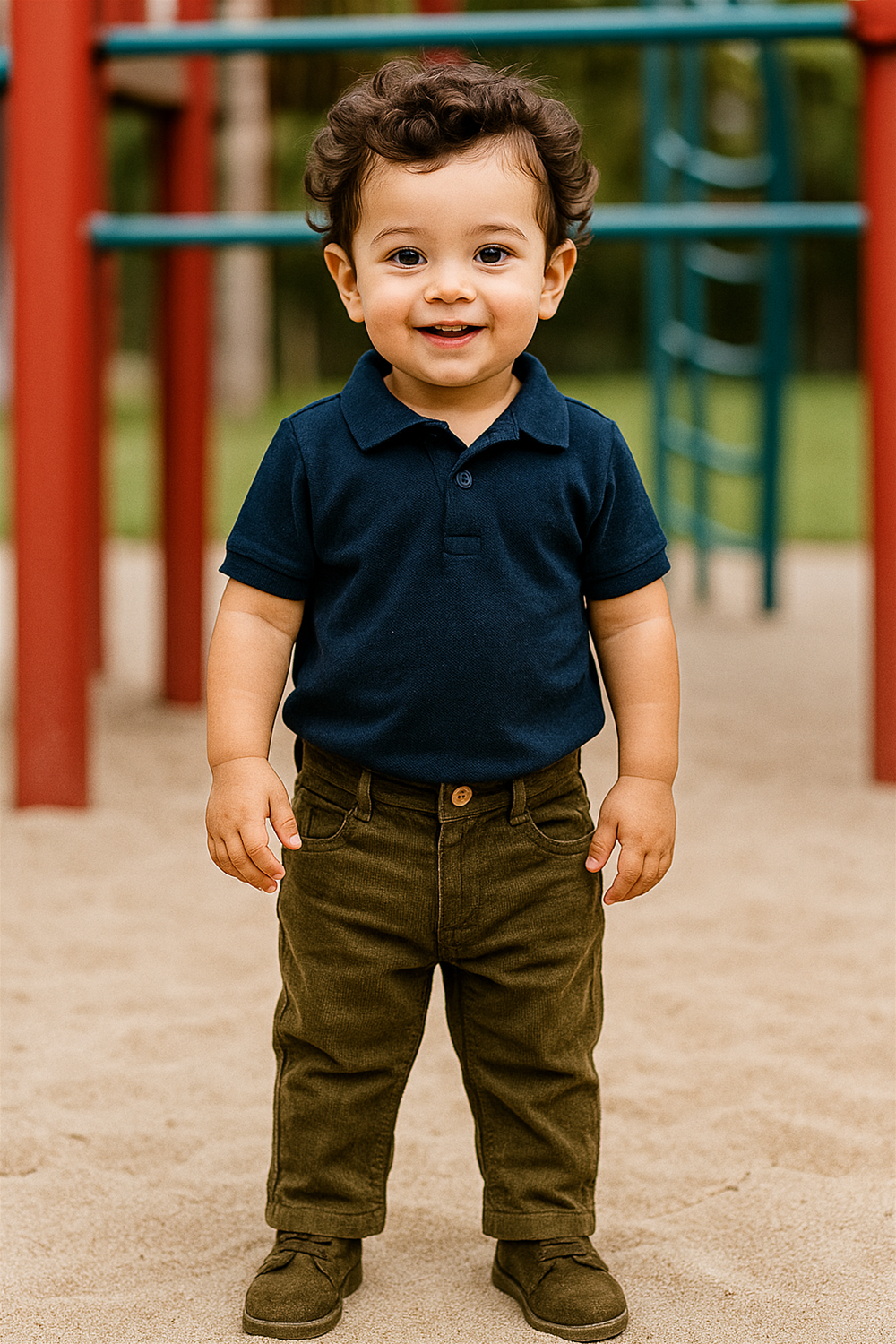 A smiling toddler boy stands on sandy ground at a colorful playground, wearing a navy blue polo shirt tucked into dark olive green corduroy pants. The pants feature a folded hem, a front button closure, and side pockets. He completes the outfit with matching olive green shoes. Red and blue climbing structures are visible in the background, adding a vibrant, playful setting