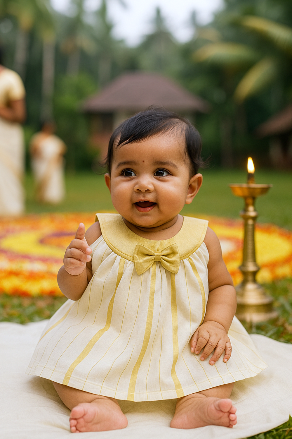 A cheerful baby wearing a cream and gold striped festive frock with a bow sits in front of a colorful floral rangoli. The background of banana leaves and brass lamps enhances the traditional celebration vibe.
