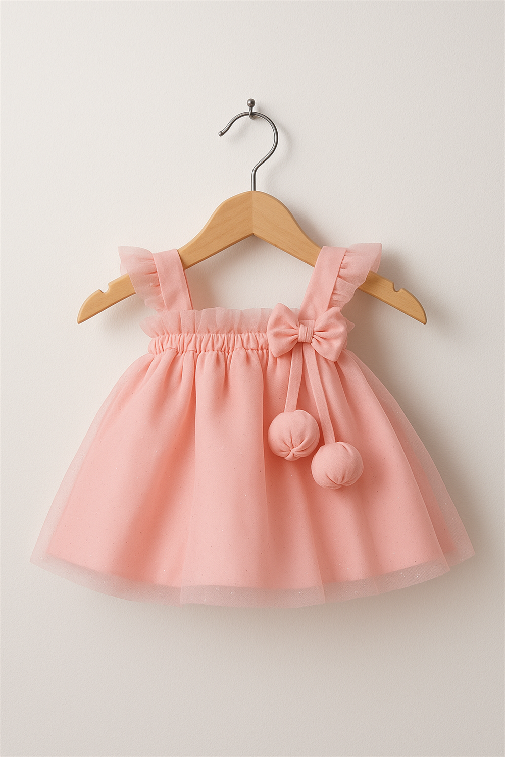 Peach net frock with ruffle straps, a bow accent, and two hanging fabric balls, displayed on a wooden hanger. The dress features a flared skirt and soft shimmer detailing against a plain background.