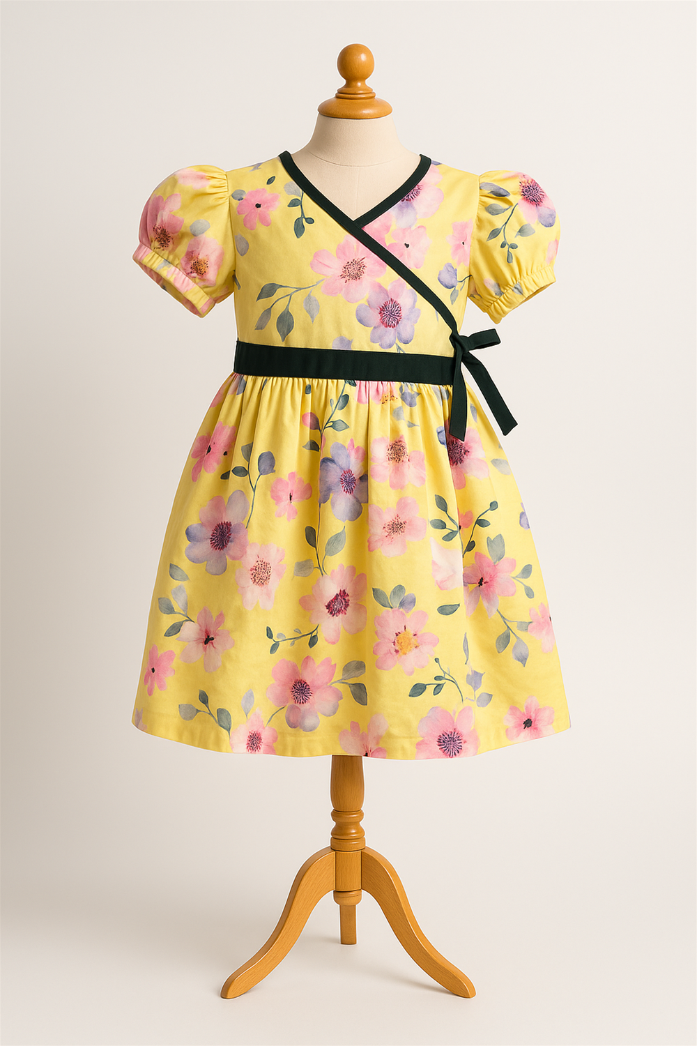 A yellow dress featuring black trim and floral patterns, elegantly showcasing a vibrant and stylish design. In a foam Mannequin. 
