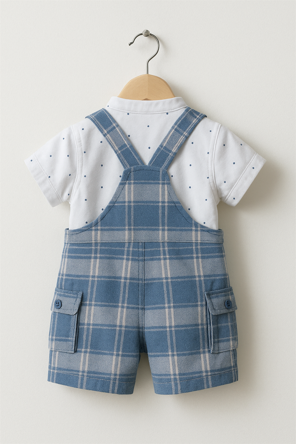 Back view of a Baby boy's Blue cotton check dungaree showcasing a cute and casual outfit for young children.