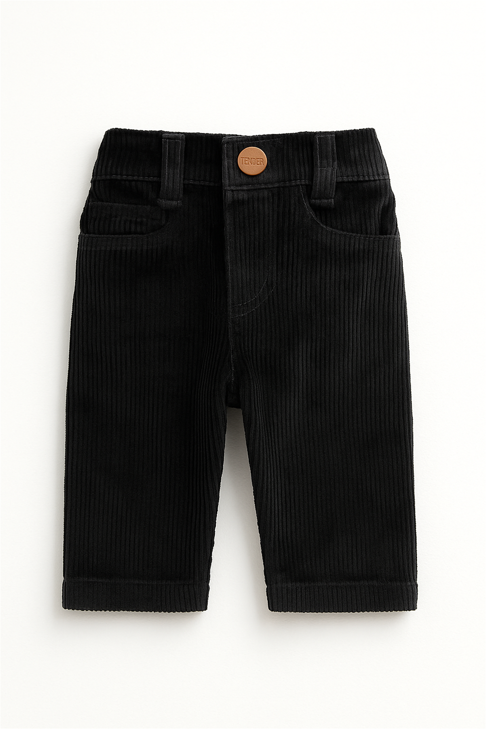 Front view of a pair of boy’s black corduroy pants featuring vertical ribbed texture, front pockets, belt loops, and a branded button closure labeled "TENDER" at the waistband, displayed flat against a white background.