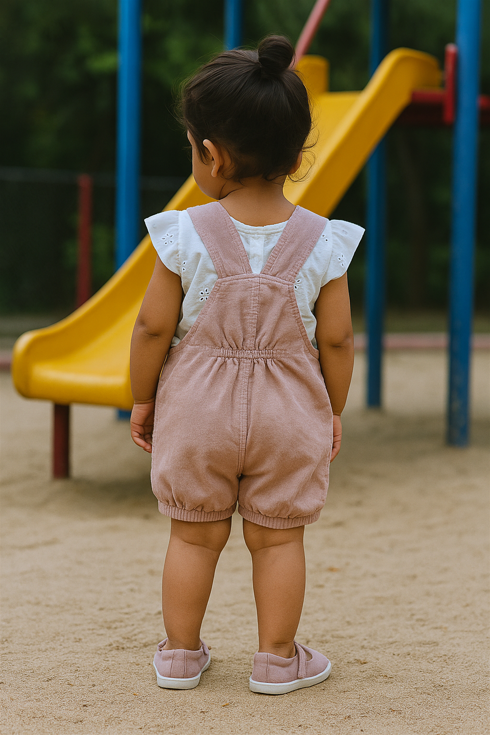 A toddler, seen from behind, stands on a sandy playground wearing a light pink romper over a white eyelet-sleeve top. In the background, a yellow slide and colorful playground bars add a cheerful, outdoor setting