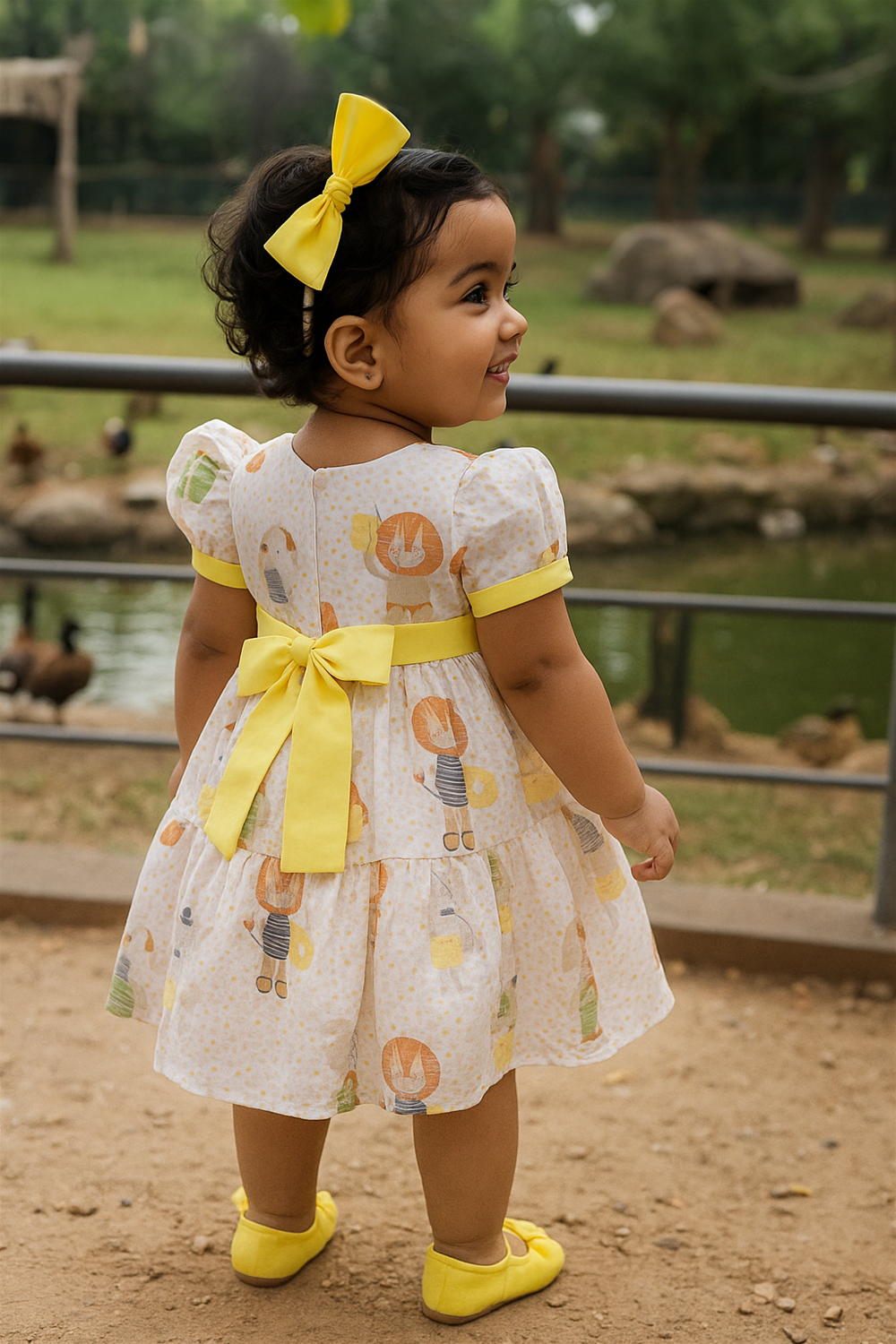  A baby girl in a colorful dress and shoes stands before a lion, embodying a sense of wonder and exploration. Back side