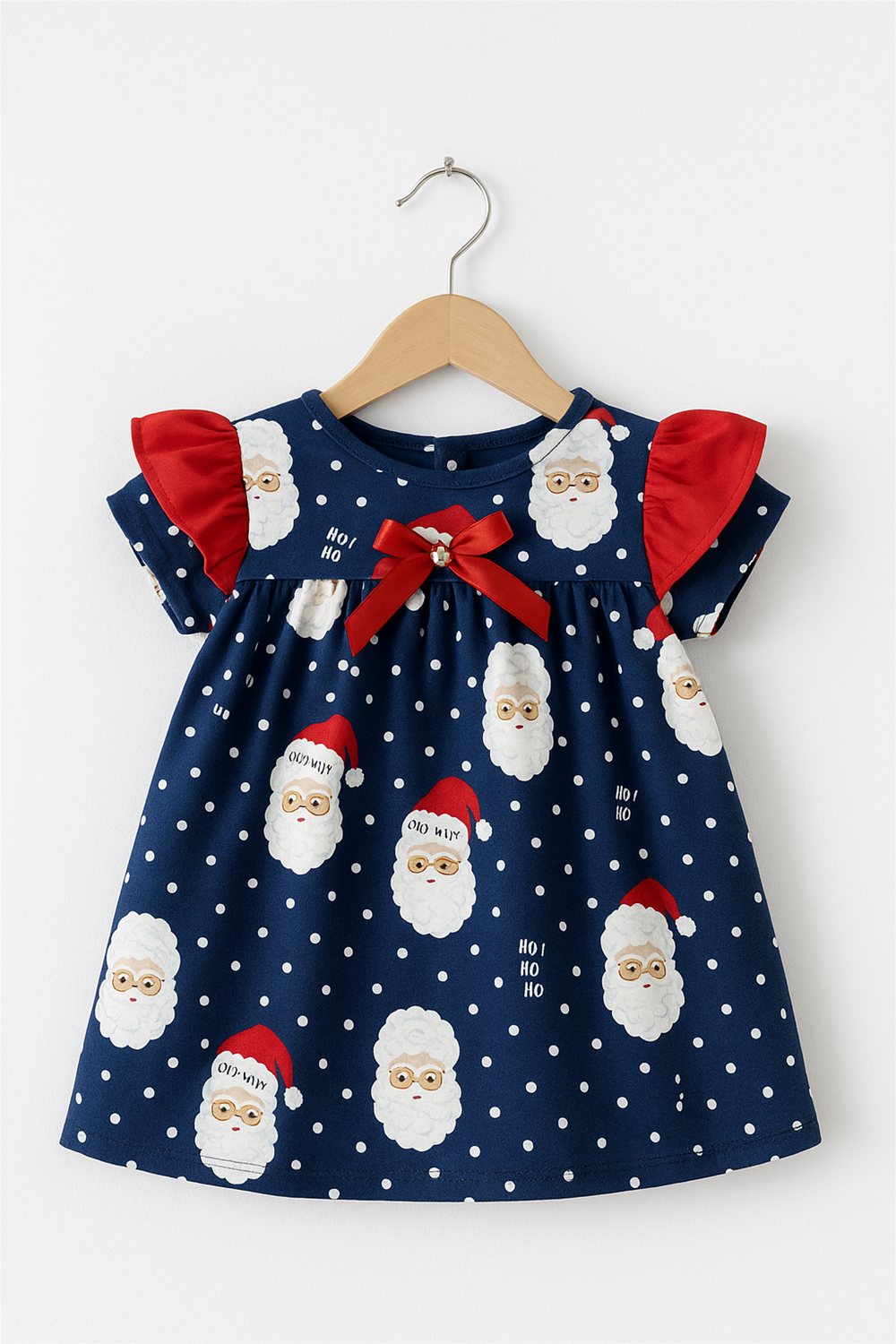 A cute cotton baby frock with Santa prints, red bow, flutter sleeves, and white polka dots hanging on wooden hanger.