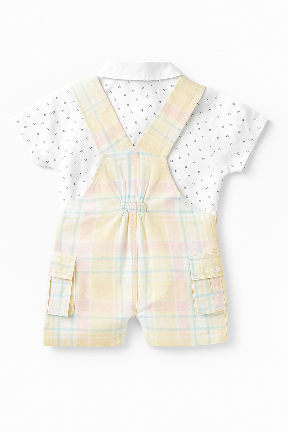 Baby boy's stylish Pastel shade checked dungaree paired with a Chinese collar showcasing a charming white polka dot design inner.