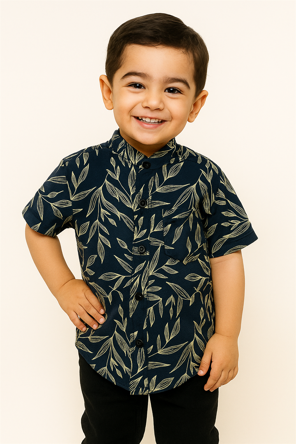A young boy in a patterned half-sleeve shirt with a Chinese collar, smiling and standing against a neutral background.