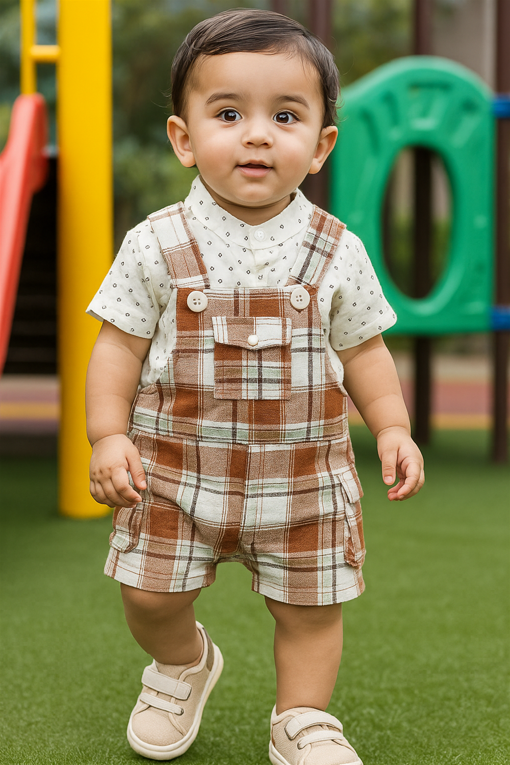 A baby boy in brown check dungaree and a white polka dot shirt smiles happily.