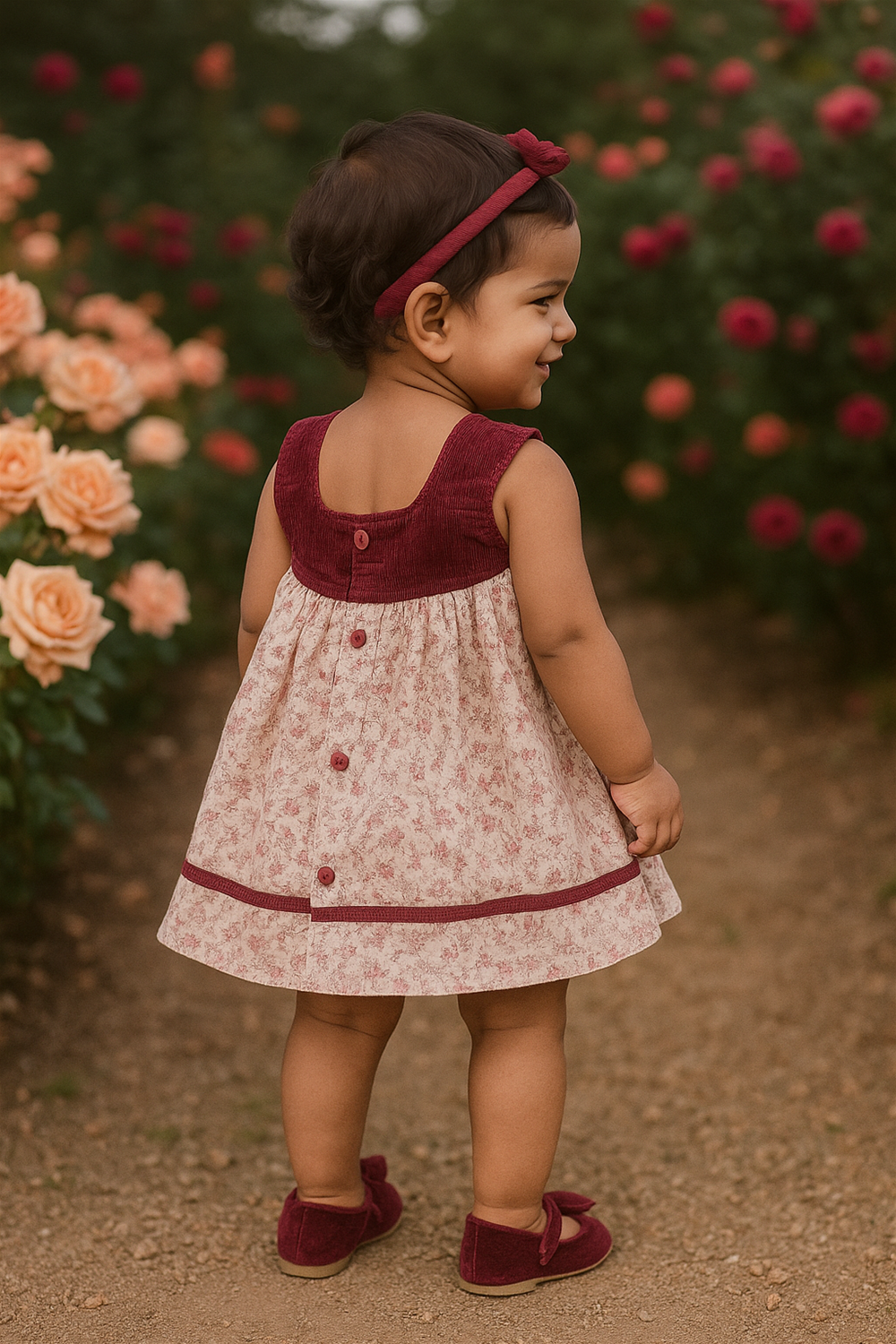 Back view of toddler girl in maroon floral dress, matching headband, and shoes, standing among blooming roses outdoors.