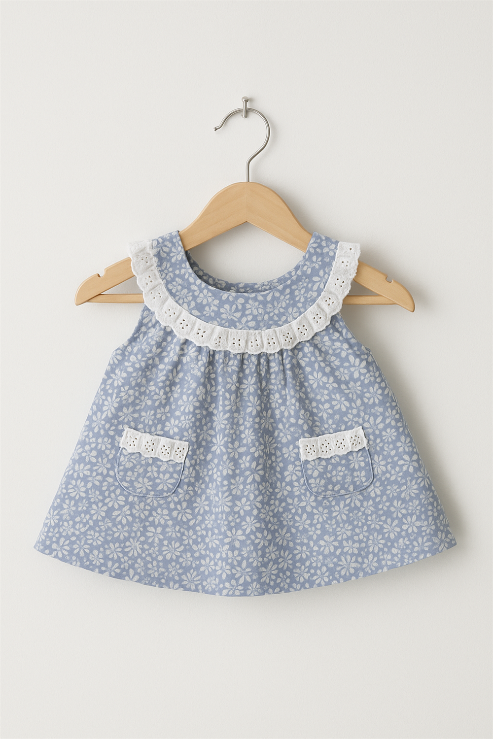 Front view of blue floral baby dress on wooden hanger, highlighting lace-trimmed collar and dual lace-trimmed pockets, minimal backdrop.