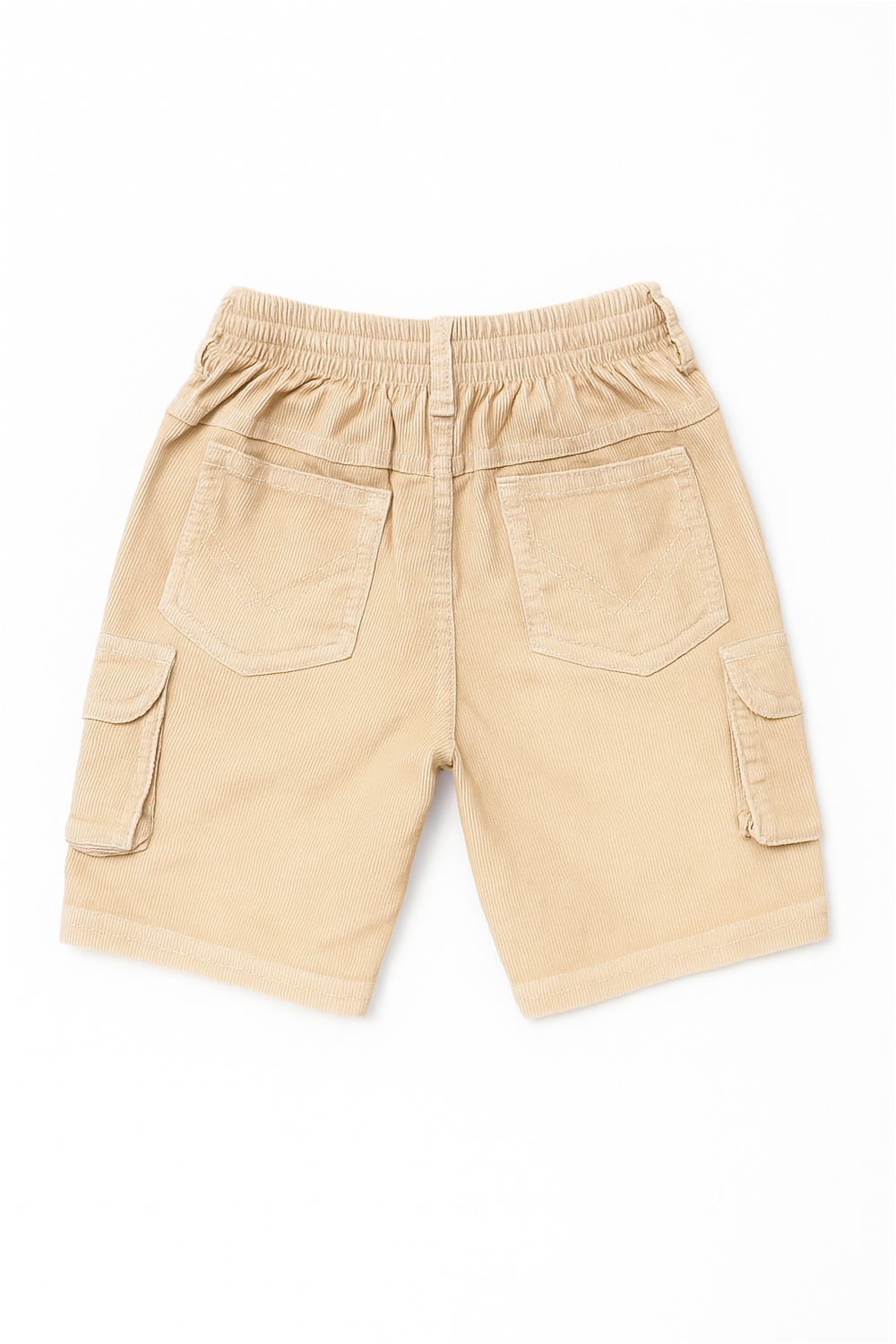  Beige corduroy boys' cargo half pants hanging on a wooden hanger against a white background. The shorts feature front pockets, buttoned flap side pockets, a waistband with belt loops, and a front button closure. Beige corduroy boys' cargo half pants hanging on a wooden hanger against a white background. The shorts feature front pockets, buttoned flap side pockets, a waistband with belt loops, and a front button closure.