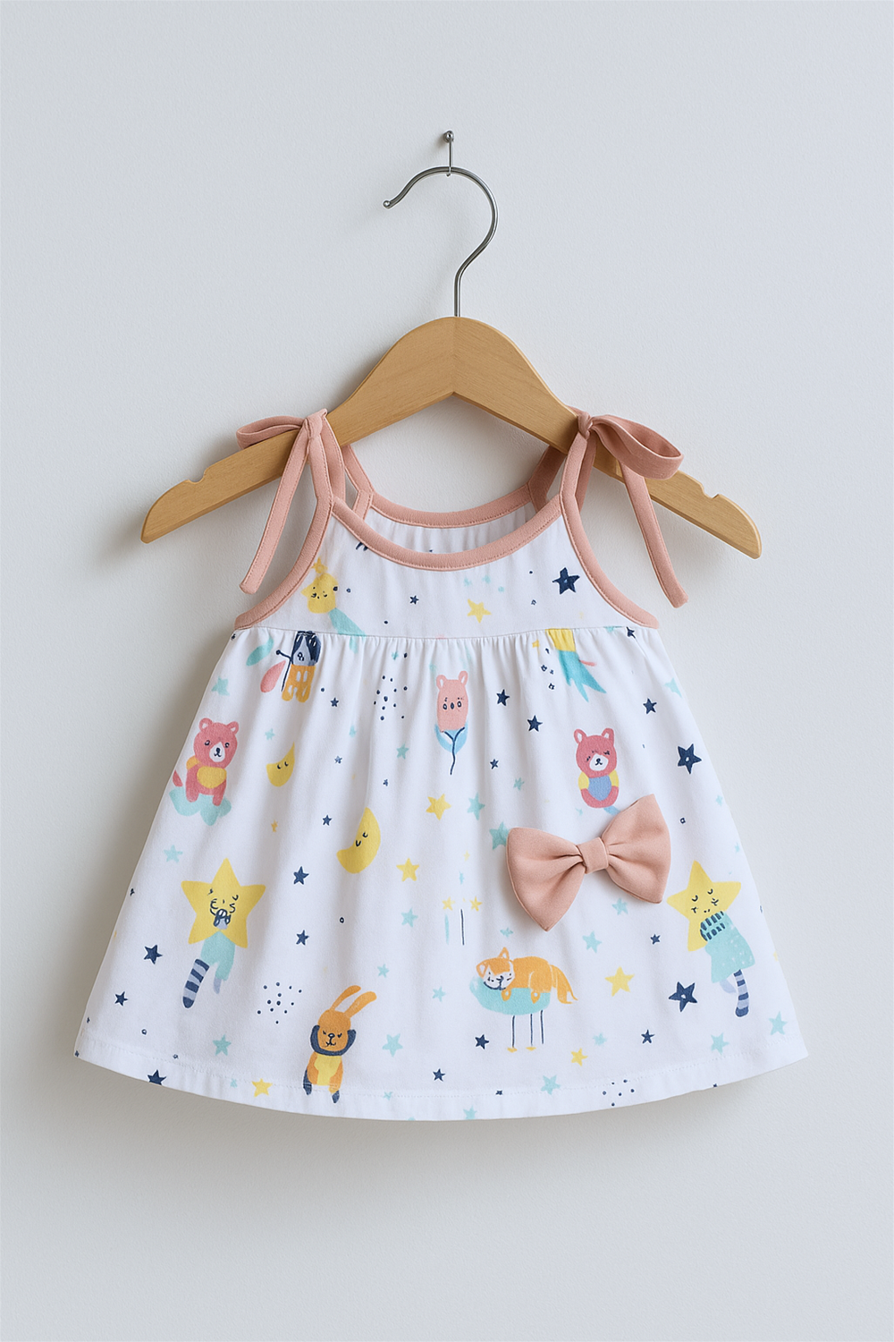 Adorable baby girl's white cotton dress on a wooden hanger, featuring colorful animal and star-themed prints. The dress is accented with peach shoulder ties and a matching bow on the skirt.