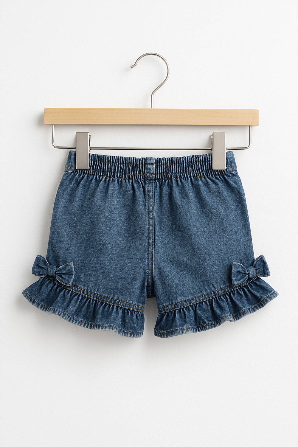 A pair of denim shorts for girls is displayed on a wooden hanger against a white background. The shorts feature ruffled hems with bow accents on both sides and an elastic waistband.
