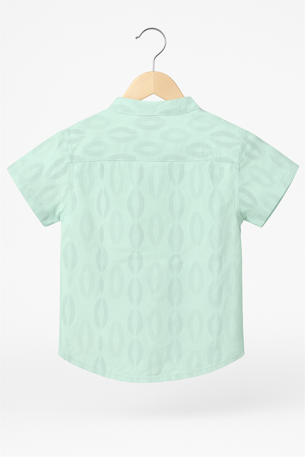 Back view of a mint green boys' half-sleeve shirt featuring a Chinese collar. The shirt showcases a subtle geometric woven pattern and is displayed on a wooden hanger against a white background.
