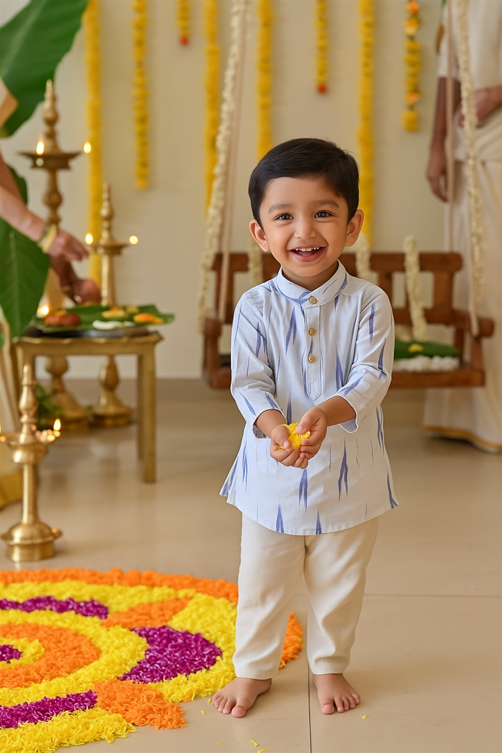Baby boy in blue ikkat kurta and white pants, smiling joyfully with flower petals during festive Onam celebration.