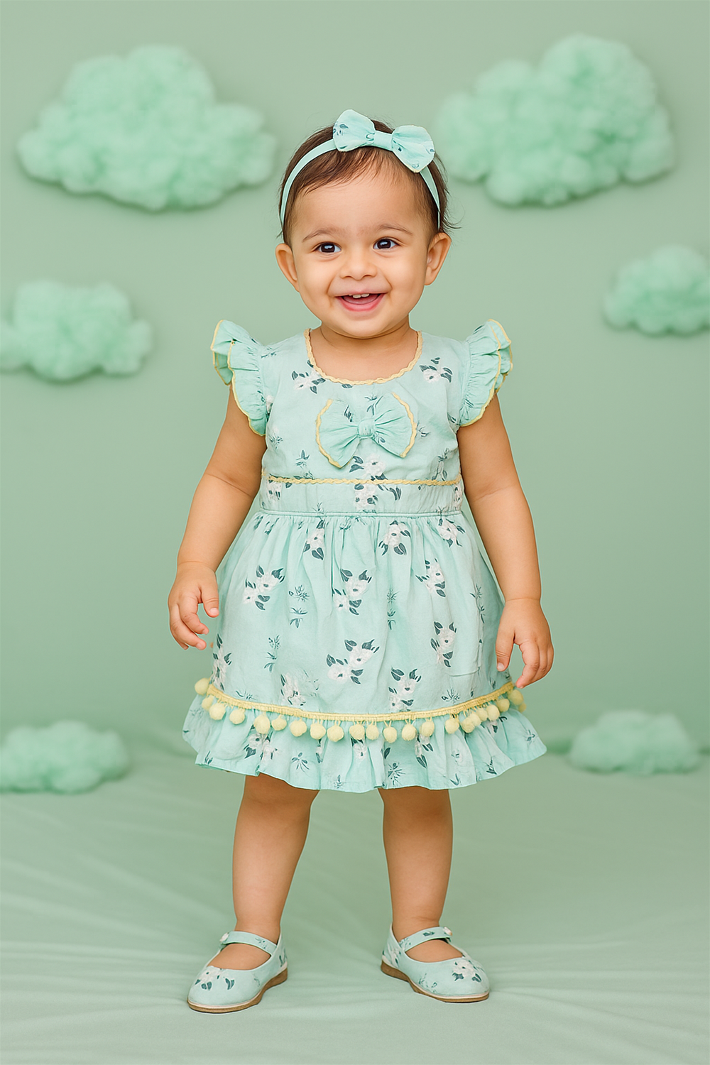 A smiling baby girl stands in front of a pastel green backdrop decorated with fluffy cloud props. She wears a coordinated pistachio green floral dress with yellow pom-pom trim, matching shoes, and a bow headband.