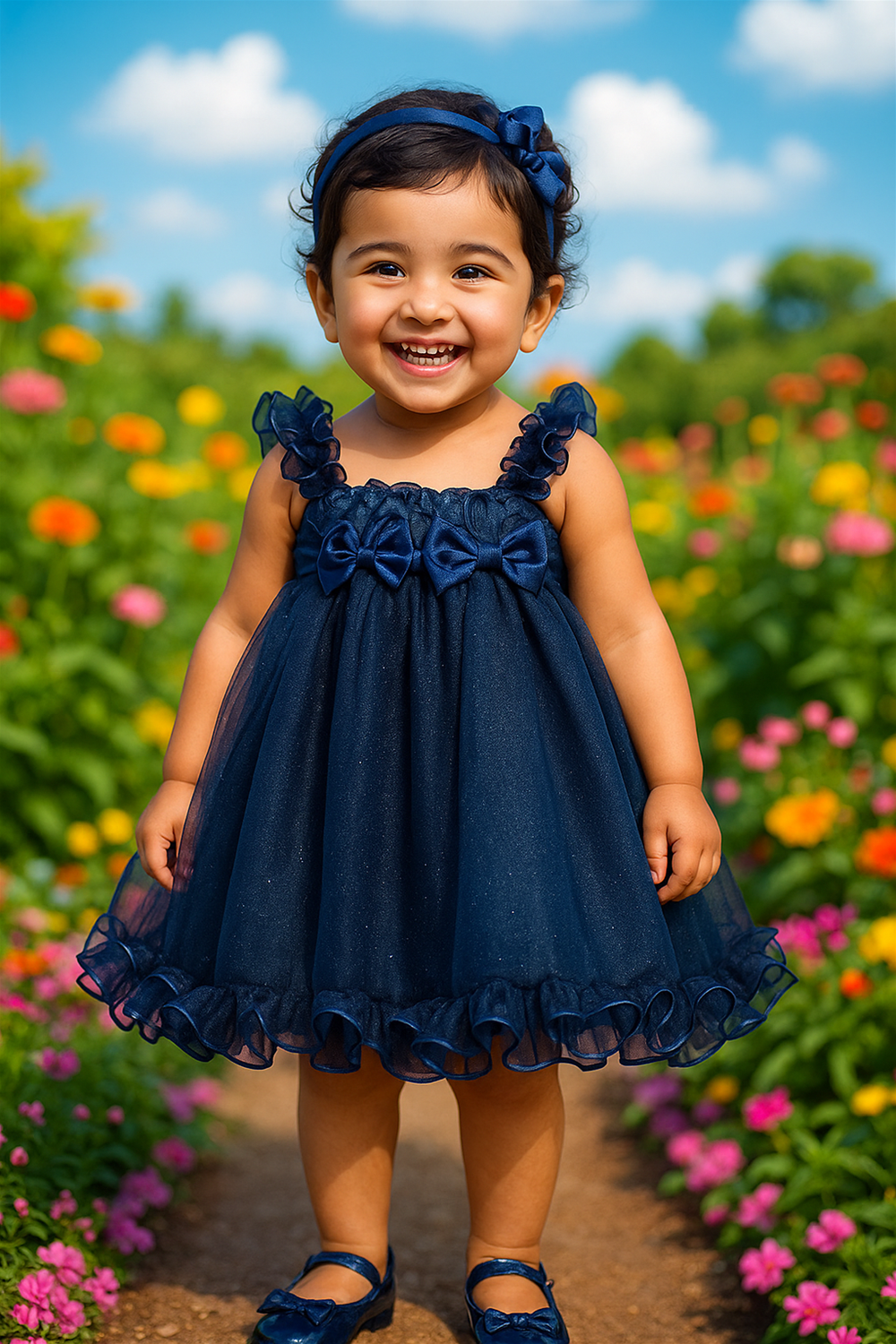 A baby girl wearing a blue glitter net dress is surrounded by blooming navy blue poppies in a lush green field.