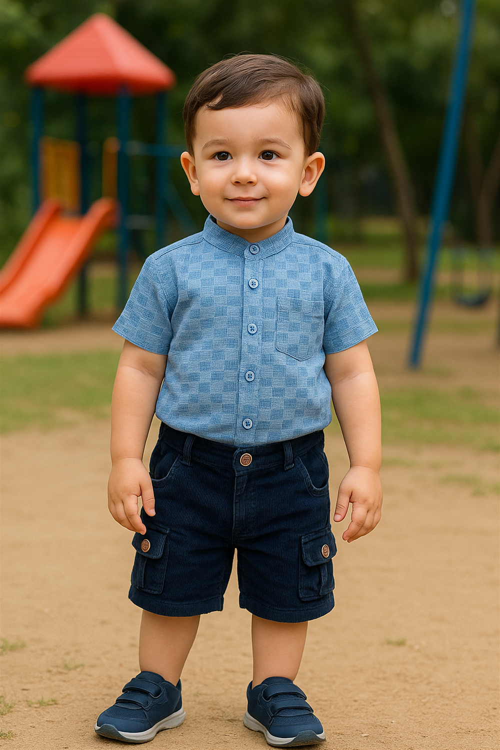 Front view of a toddler boy wearing a half-sleeve Chinese collar shirt in light blue with subtle checkered texture. The shirt features a button-down front and a chest pocket, paired with navy blue cargo shorts and matching shoes in a playground setting.
