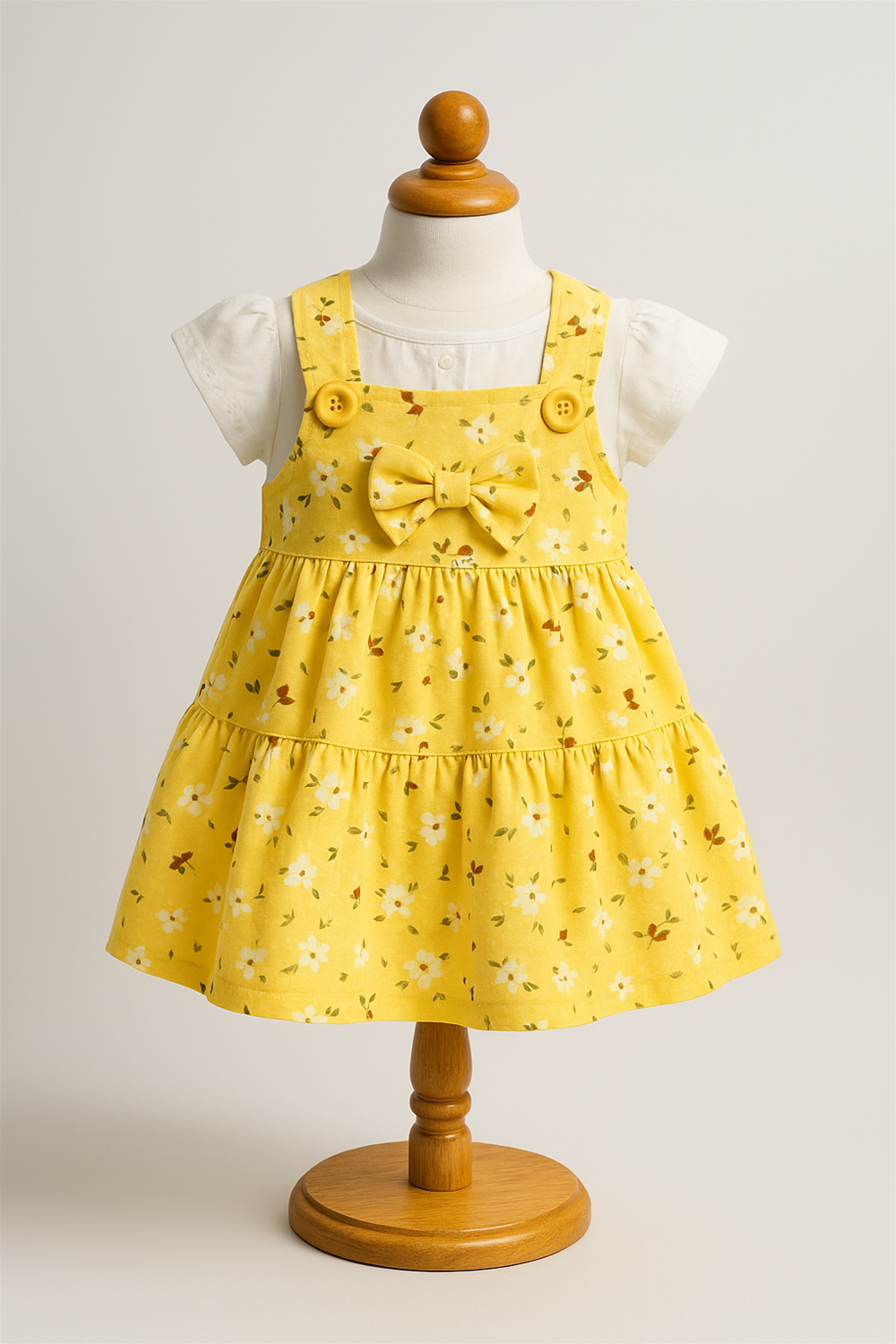 ChatGPT said: A vibrant yellow baby dress with floral prints and a matching front bow is displayed on a wooden stand mannequin. The dress is paired with a white puff-sleeve inner top, showcasing a cheerful and elegant outfit for toddlers.