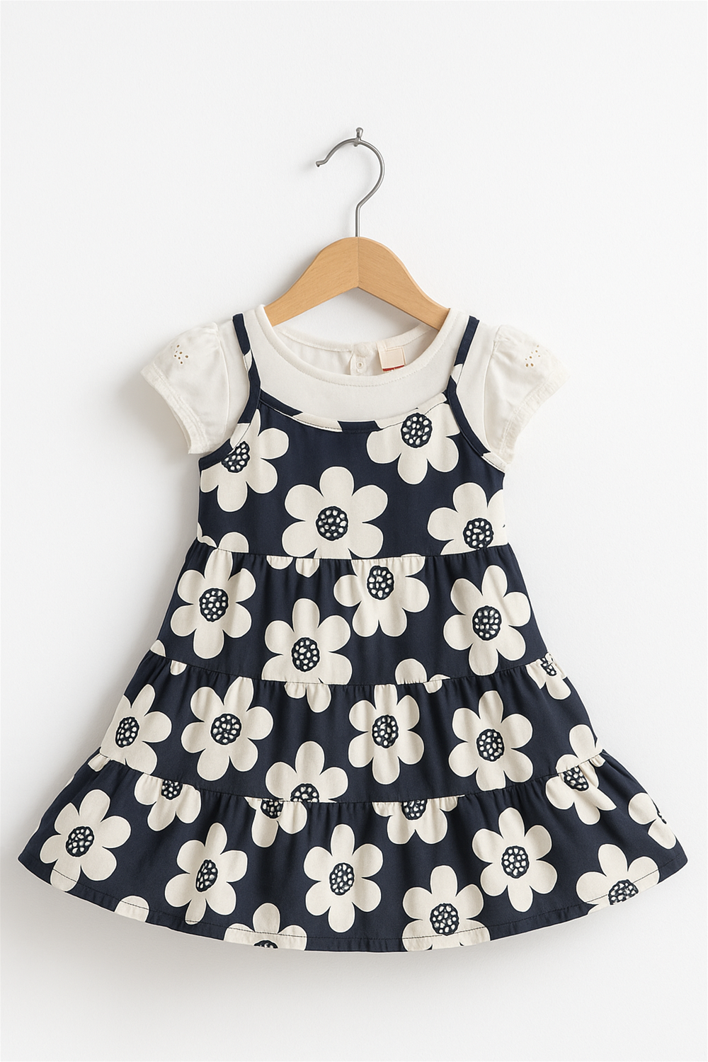 A black and white dress in a hanger front view.