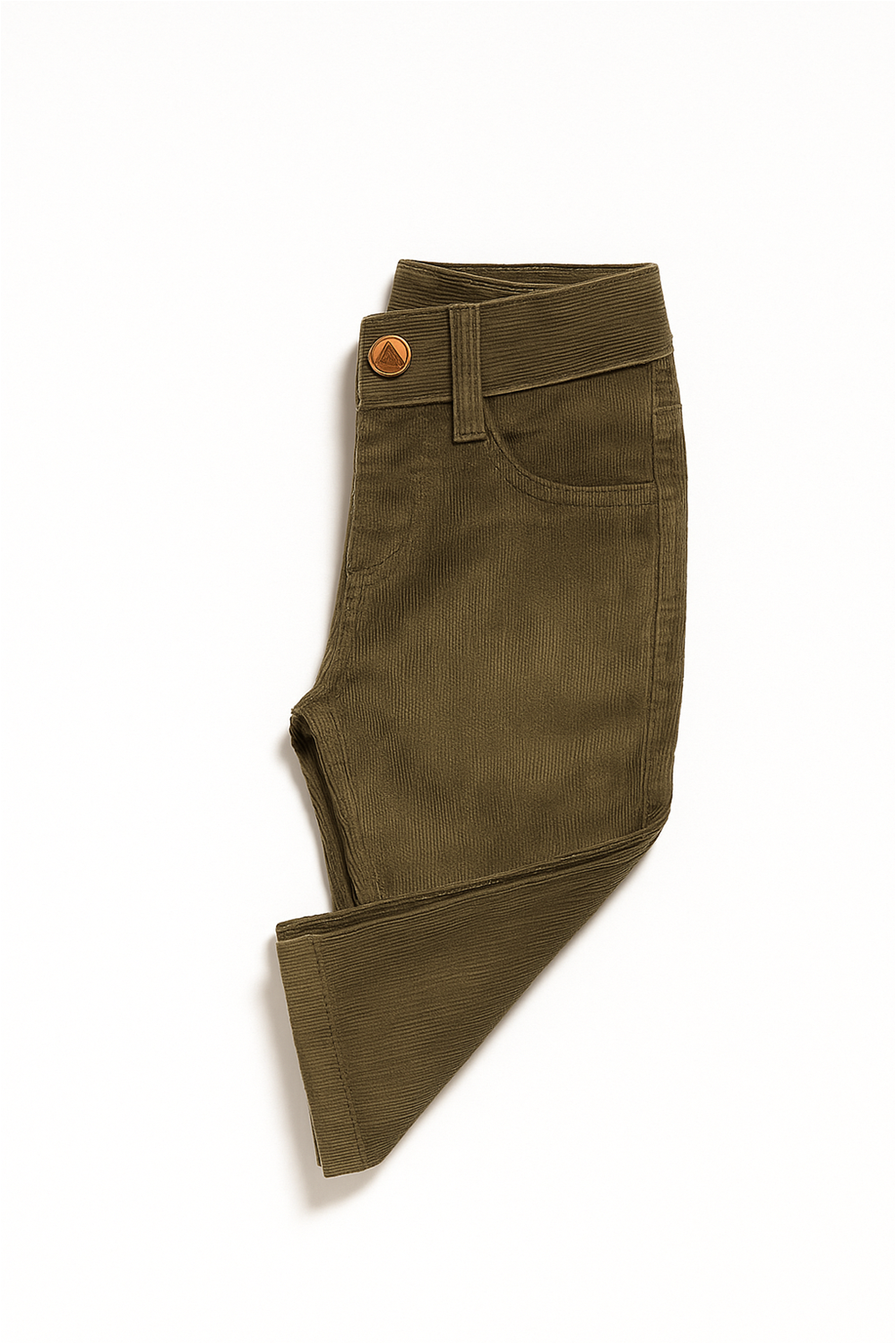 A pair of toddler boys’ corduroy pants in dark olive green neatly folded in a stylish front-facing display on a white background. The pants feature a front button closure, belt loops, and fine ribbed texture, showcasing the product's fabric quality and craftsmanship in a clean and minimal layout ideal for catalog or e-commerce use.