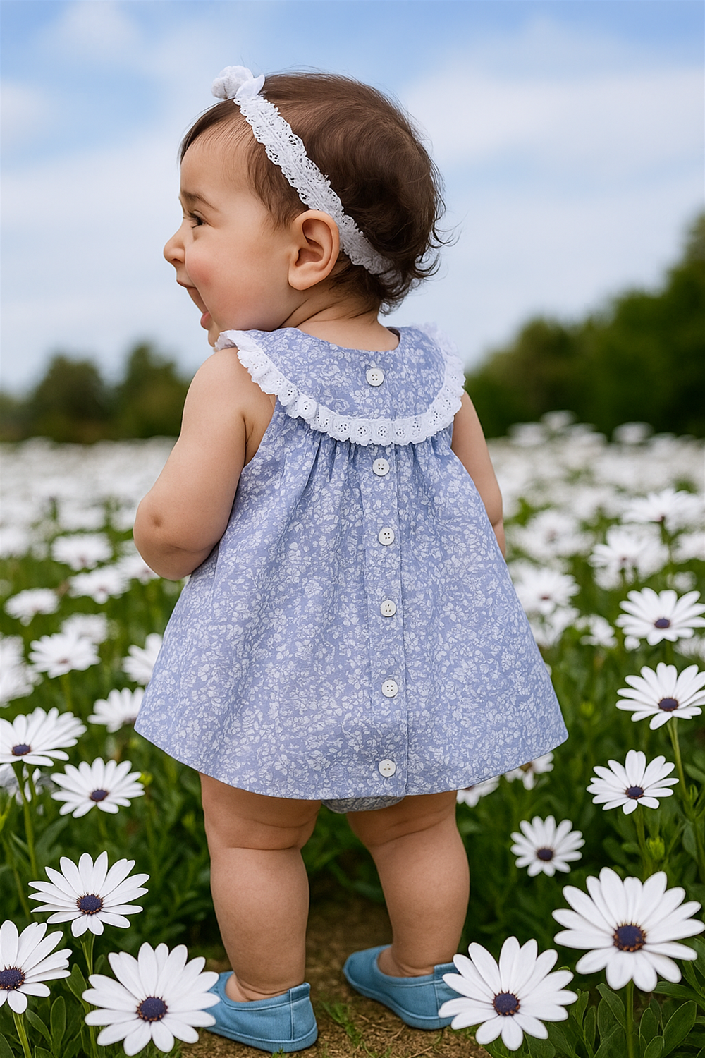 Baby in blue floral dress with lace collar, standing among daisies, back view highlighting button-down design and headband.
