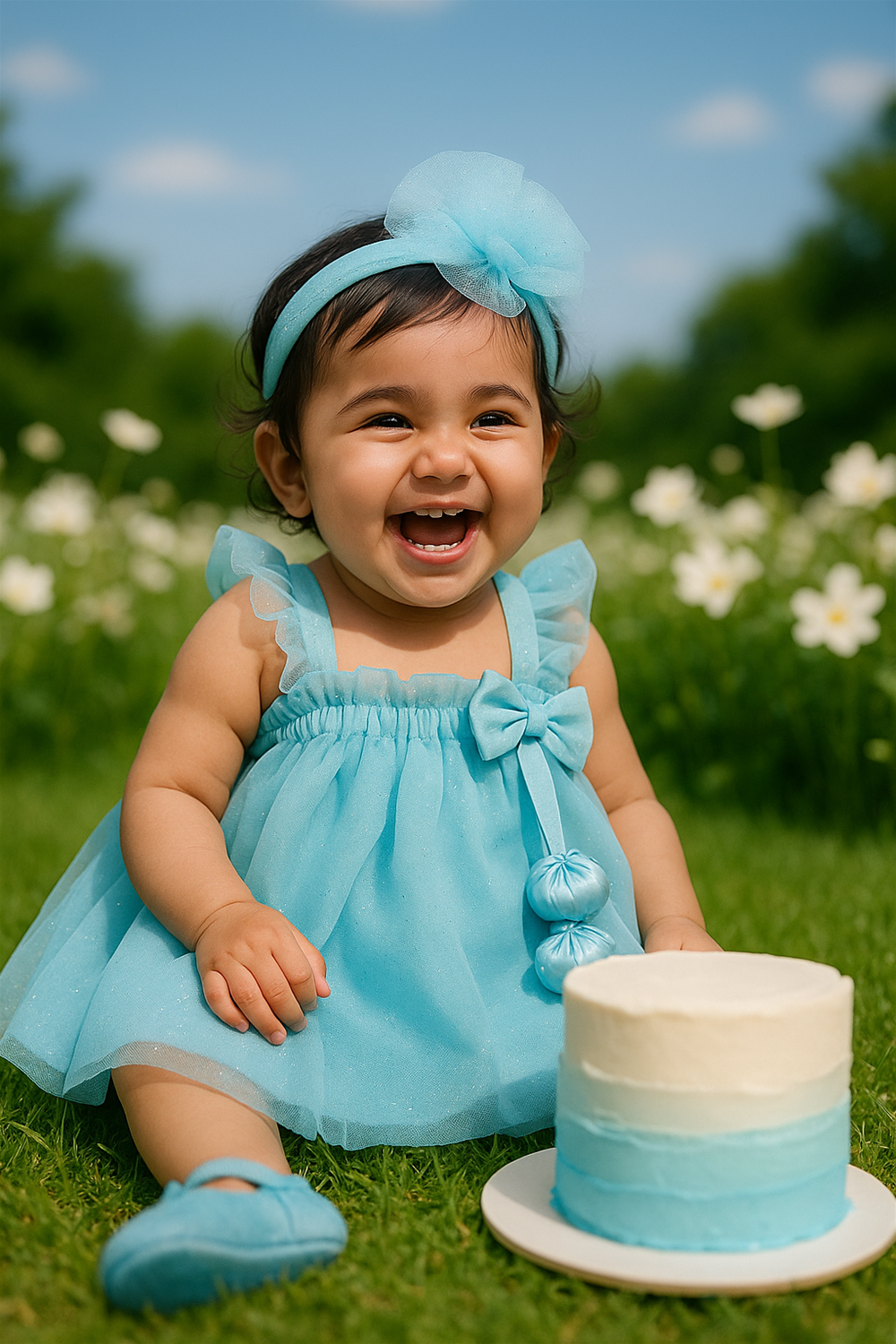 A smiling baby girl wearing a blue net frock with ruffle straps and floral ball accents, paired with a matching headband and shoes. She is standing outdoors in a garden filled with white flowers.