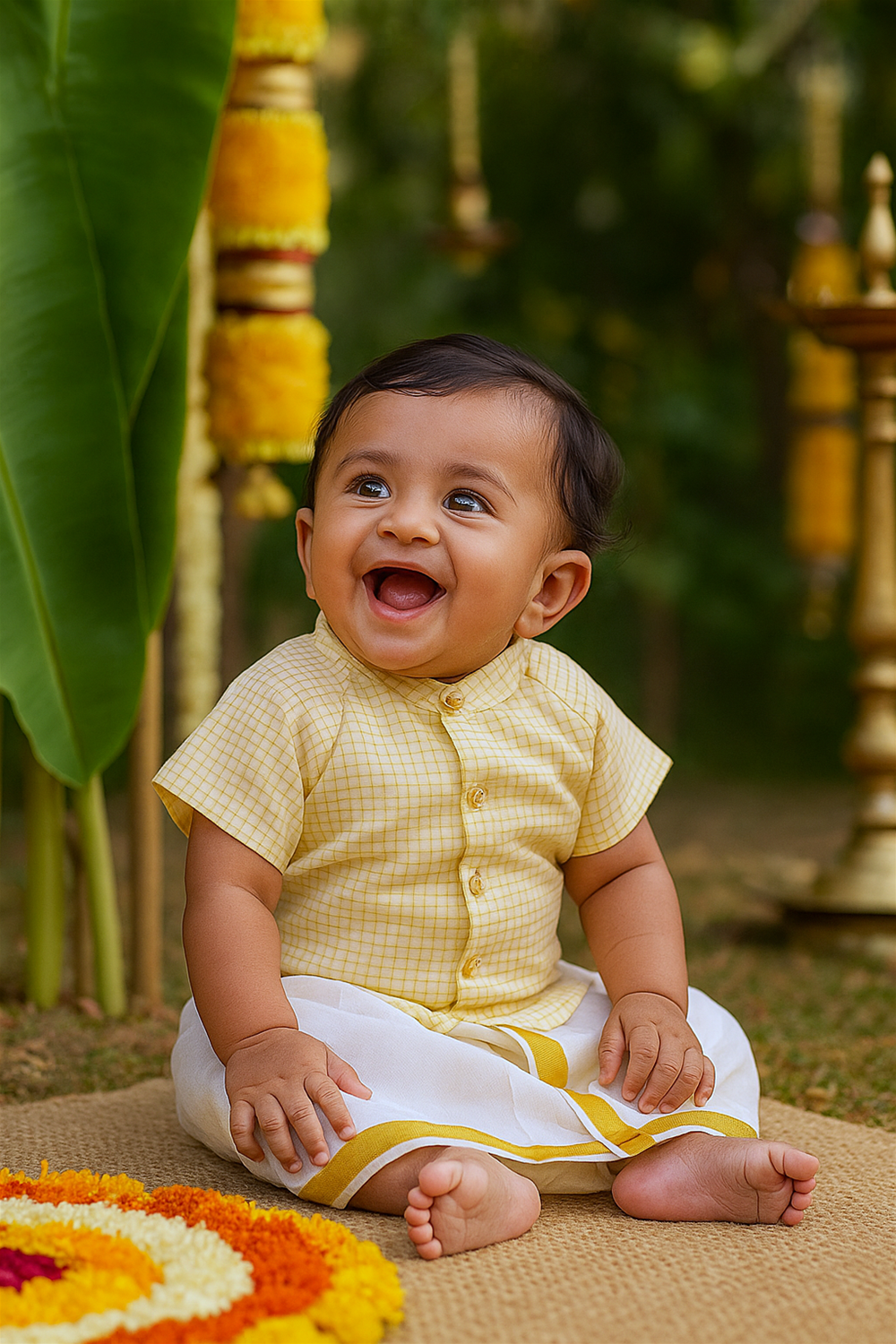 Baby boy sitting happily in yellow checked shirt and white dhoti, surrounded by festive decorations with banana leaves.