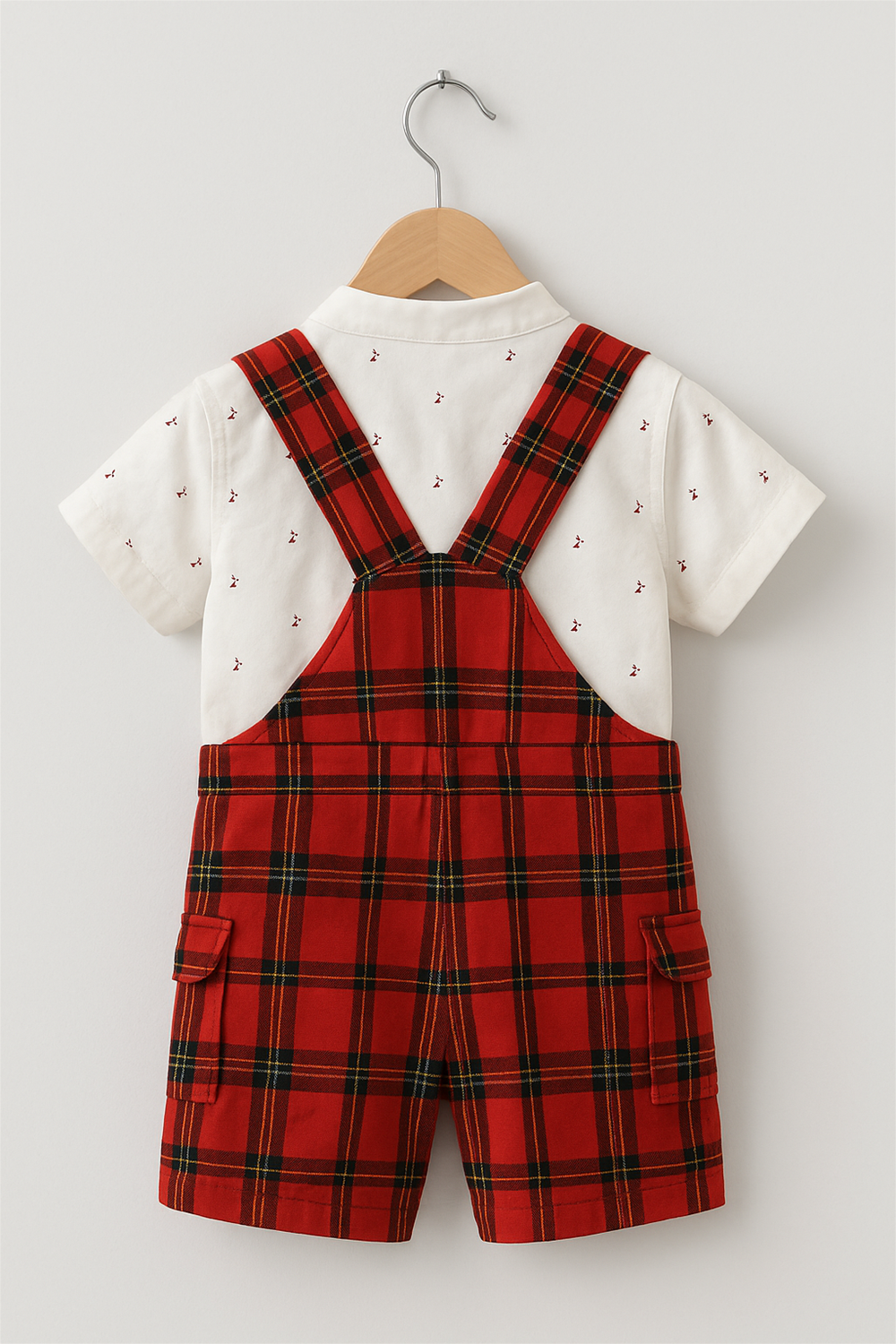 Baby boy's red plaid dungaree and a white Chinese collar shirt, perfect for casual or special occasions.