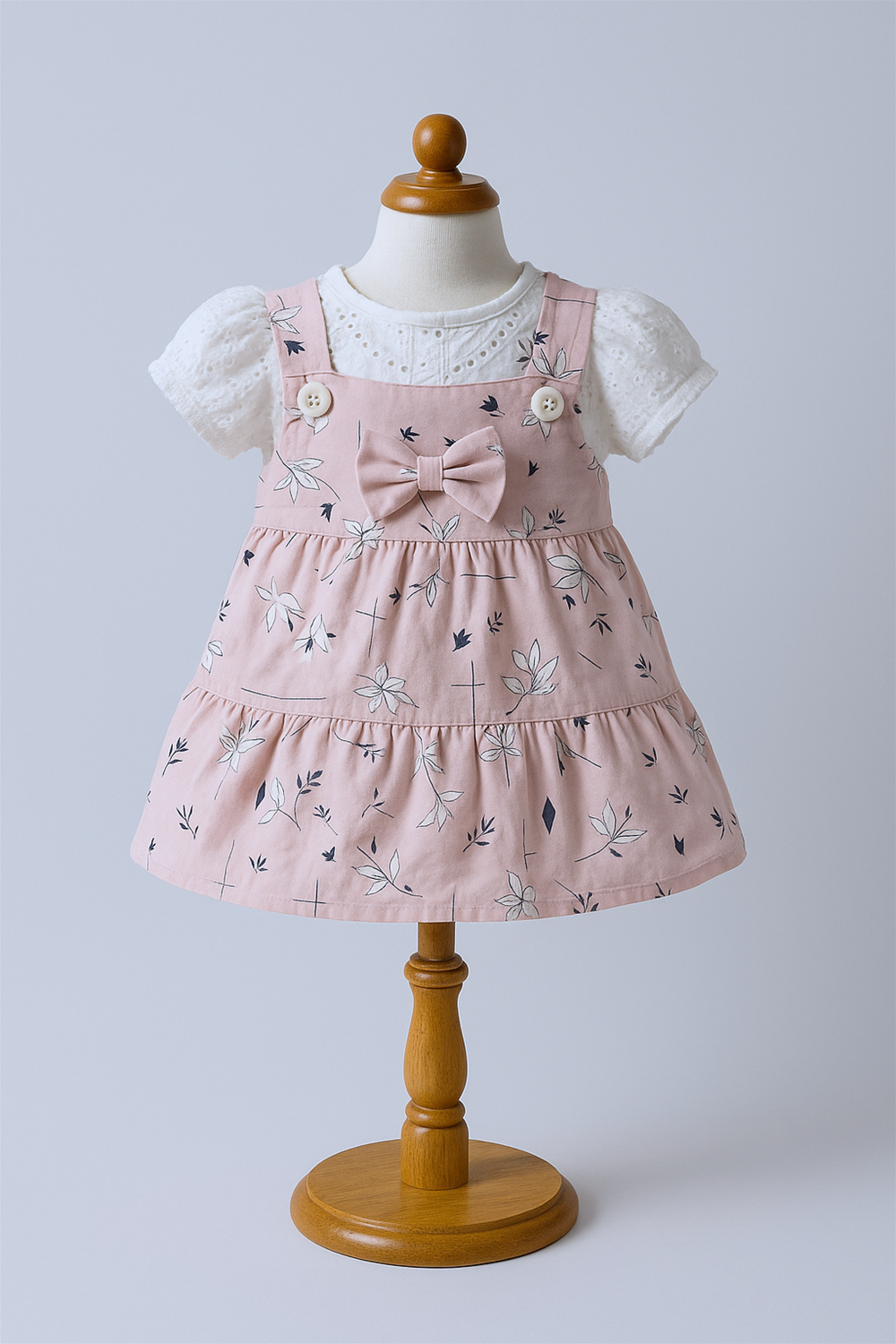 A baby girl's pink floral dungaree dress with a front bow, layered over a white puff-sleeve top, displayed on a wooden mannequin stand. Set against a plain white studio background with soft, even lighting for a clean product presentation.