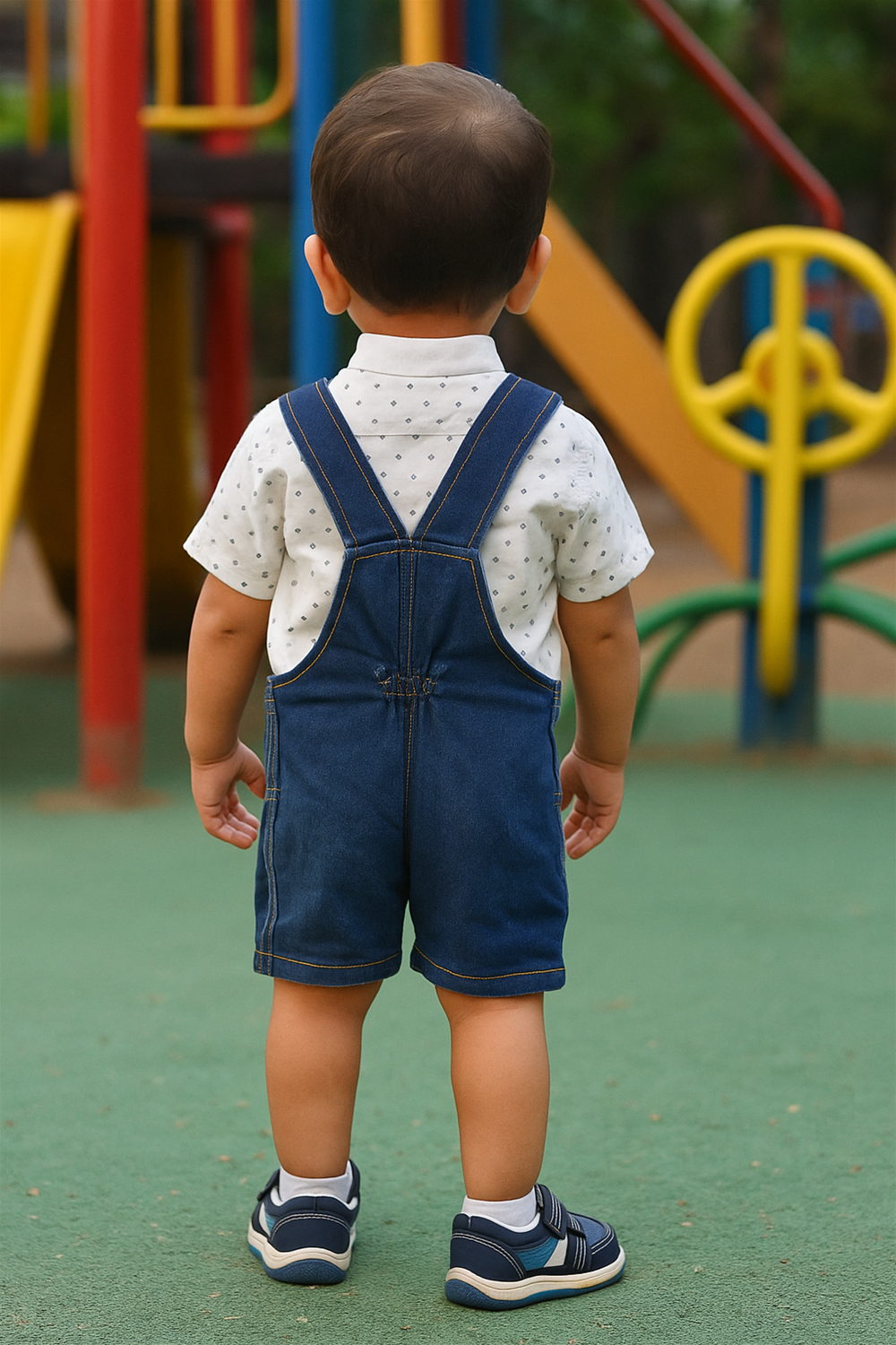  A toddler in blue Demin dungaree stands on a playground, smiling and ready to play among colorful equipment.