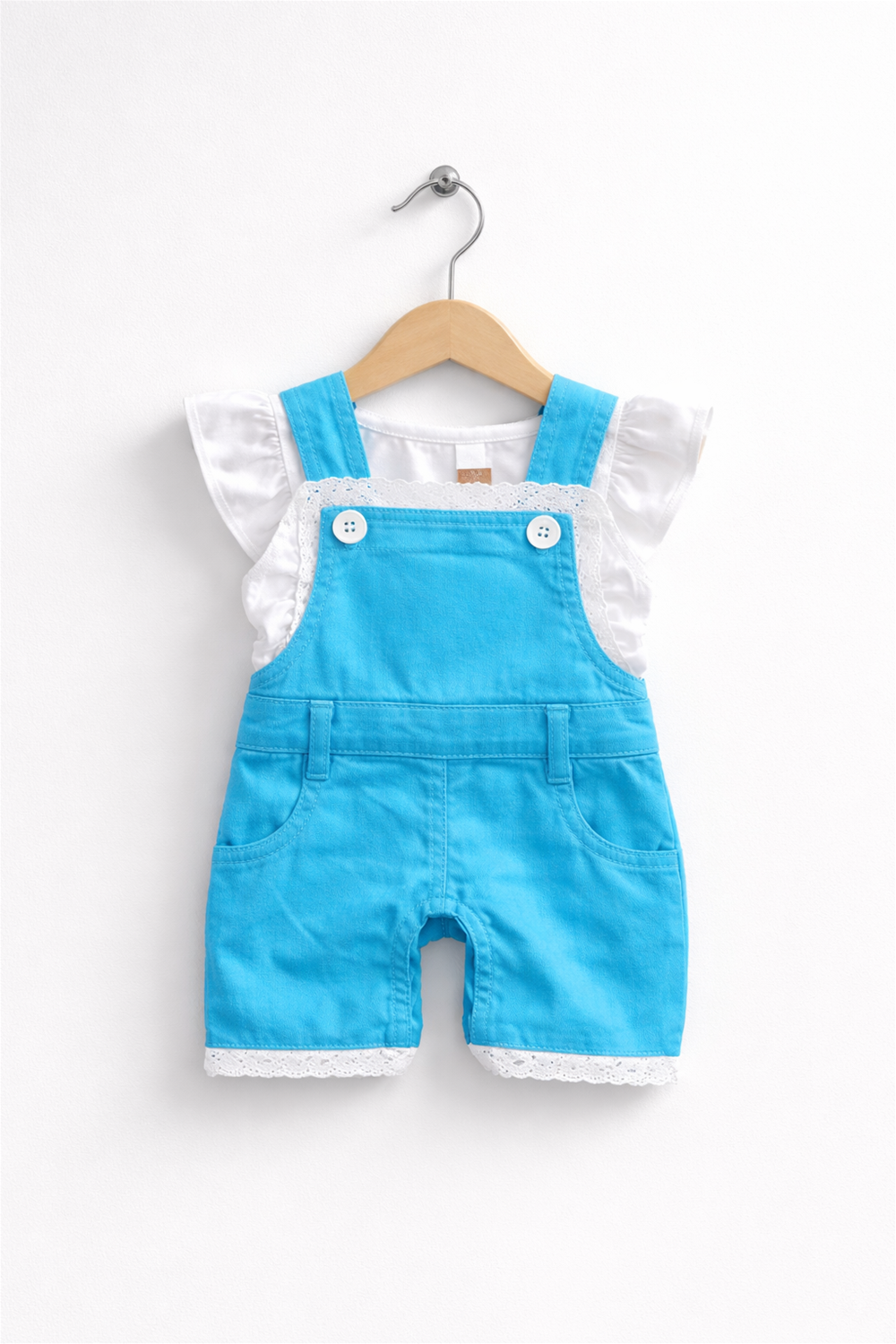 Sky Blue baby dungaree with white inner top, lace-trim hem, neatly displayed on wooden hanger