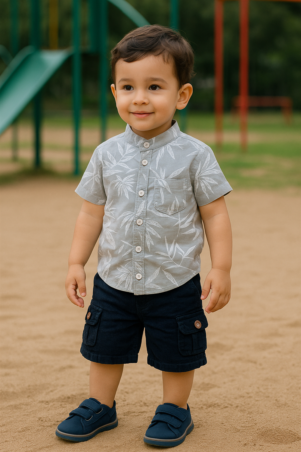 A young boy wearing a stylish half-sleeve Chinese collar shirt with a soft leaf print pattern. The shirt features a front pocket and button closure, perfect for a smart and comfortable summer look.