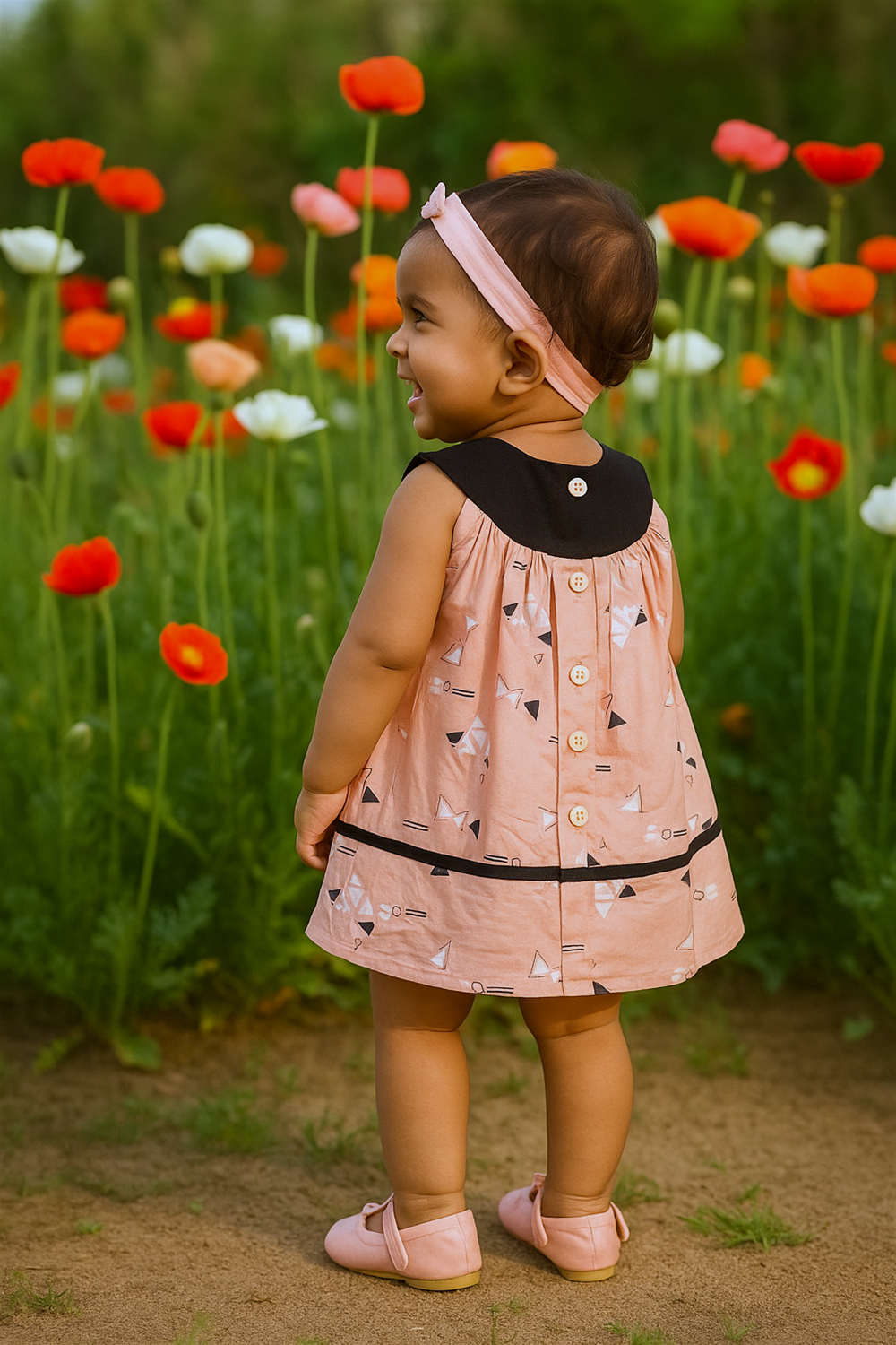 miling baby in peach frock with black neckline, standing in a vibrant flower garden, accessorized with matching peach headband.