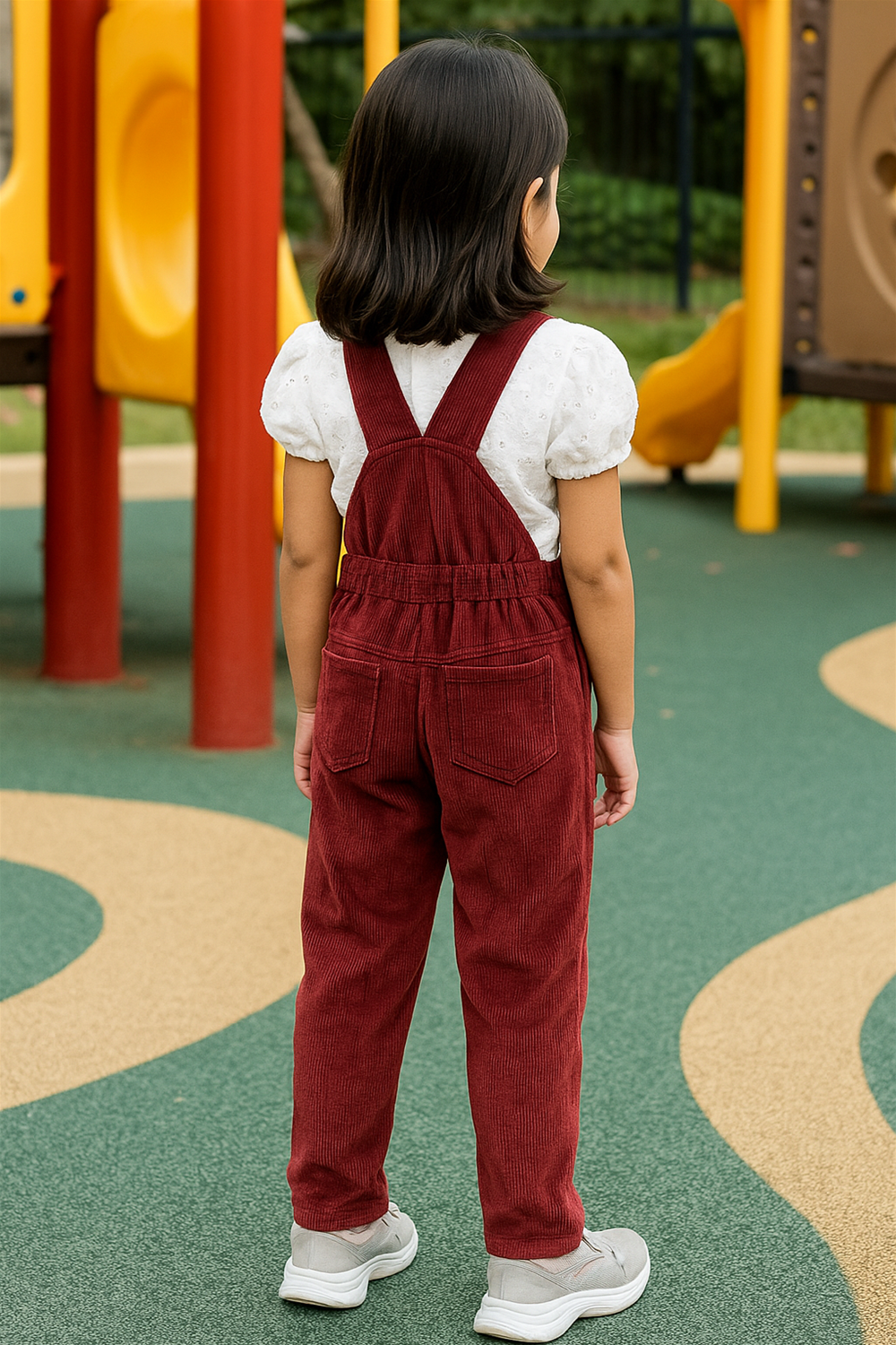 A young girl stands with her back to the camera in a playground, wearing a white short-sleeved top and red corduroy overalls. She faces colorful play structures, with her short dark hair neatly framing her head and grey slip-on shoes on her feet.