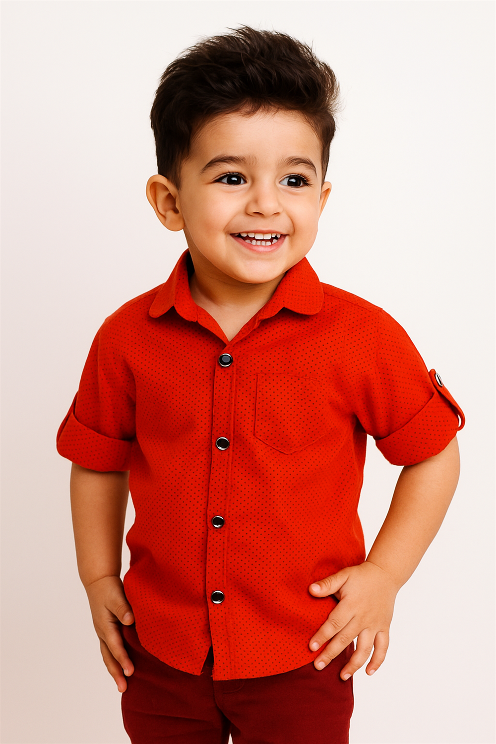A young boy in a half-sleeve Red with small black polka dots shirt with a normal collar, smiling and standing against a neutral background.