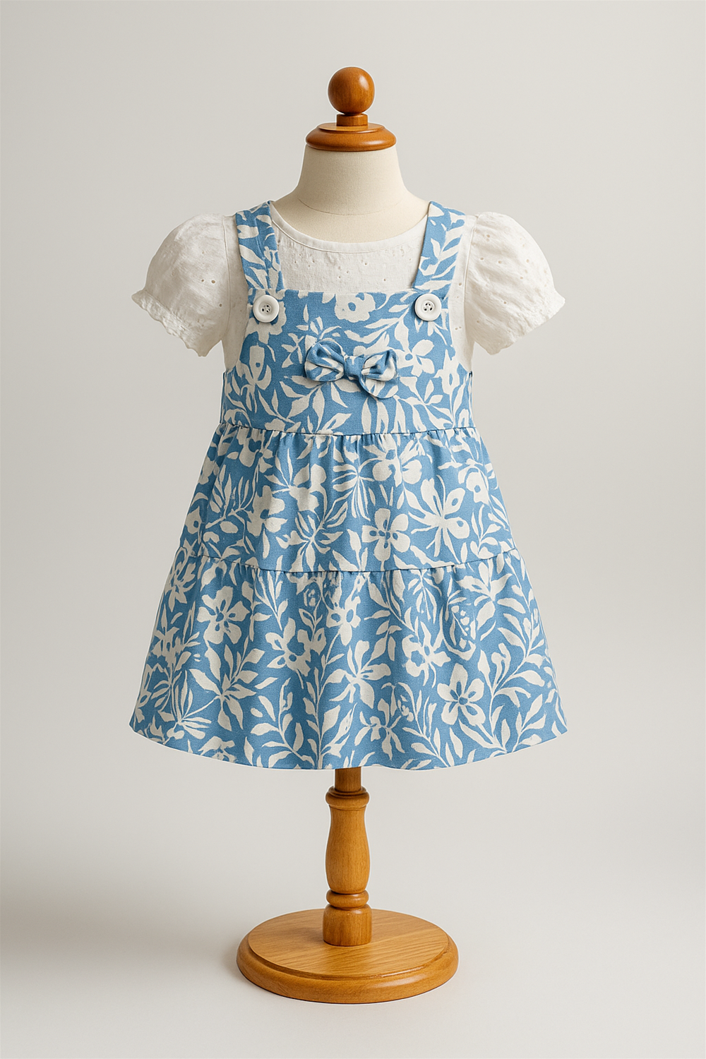 ChatGPT said: A baby girl's blue pinafore dress with white floral print is displayed on a child-sized mannequin. The dress features white shoulder buttons, a center bow, and is paired with a puff-sleeve white blouse.