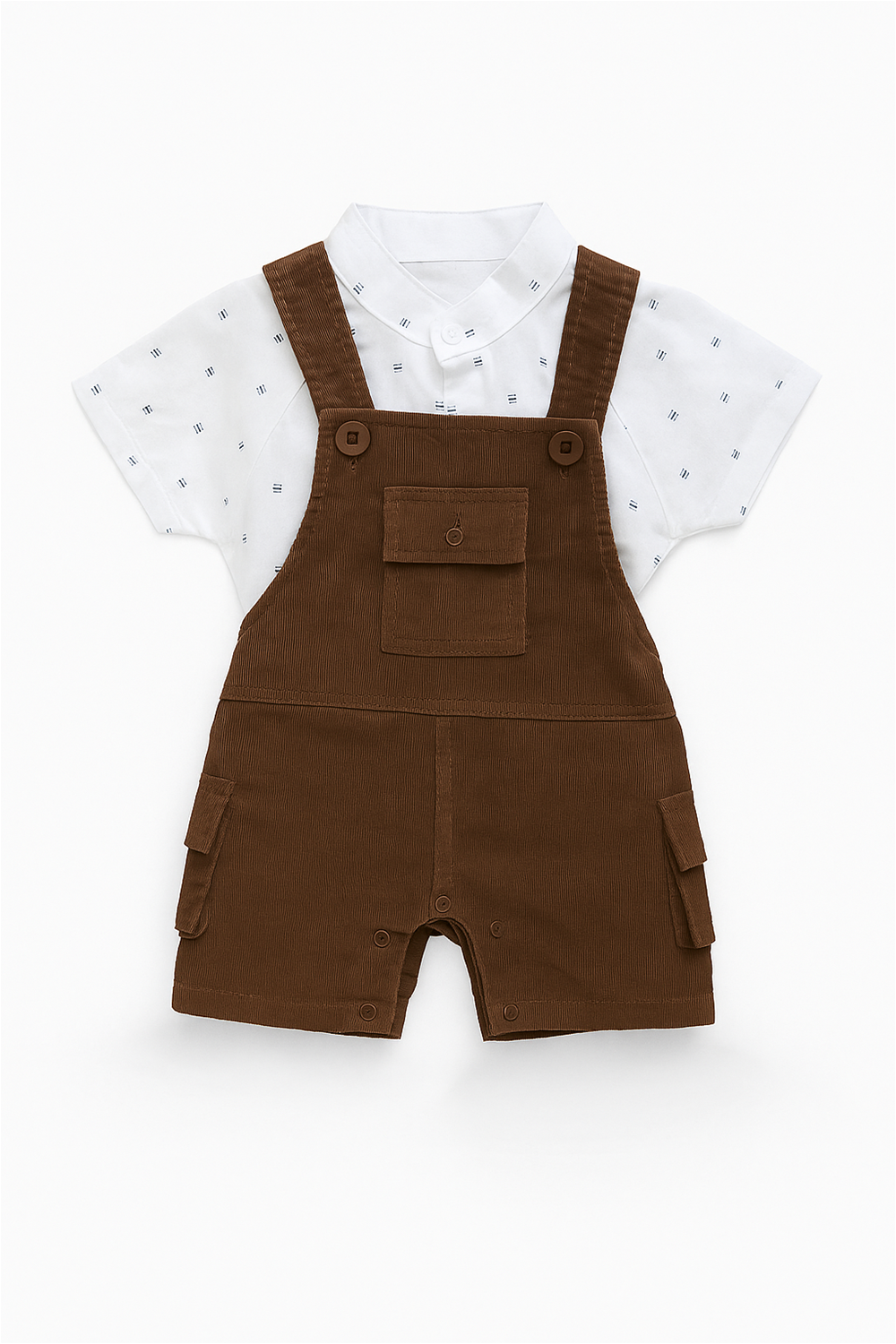 Baby boy's brown corduroy dungaree  paired with a light-colored shirt, perfect for a playful and stylish look.