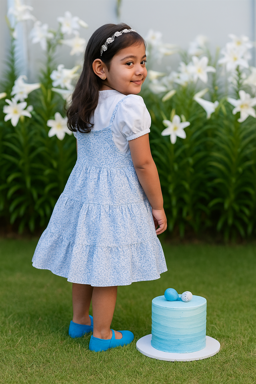 This breezy sky-blue tiered frock with delicate floral patterns is perfect for playful celebrations and charming outdoor moments.